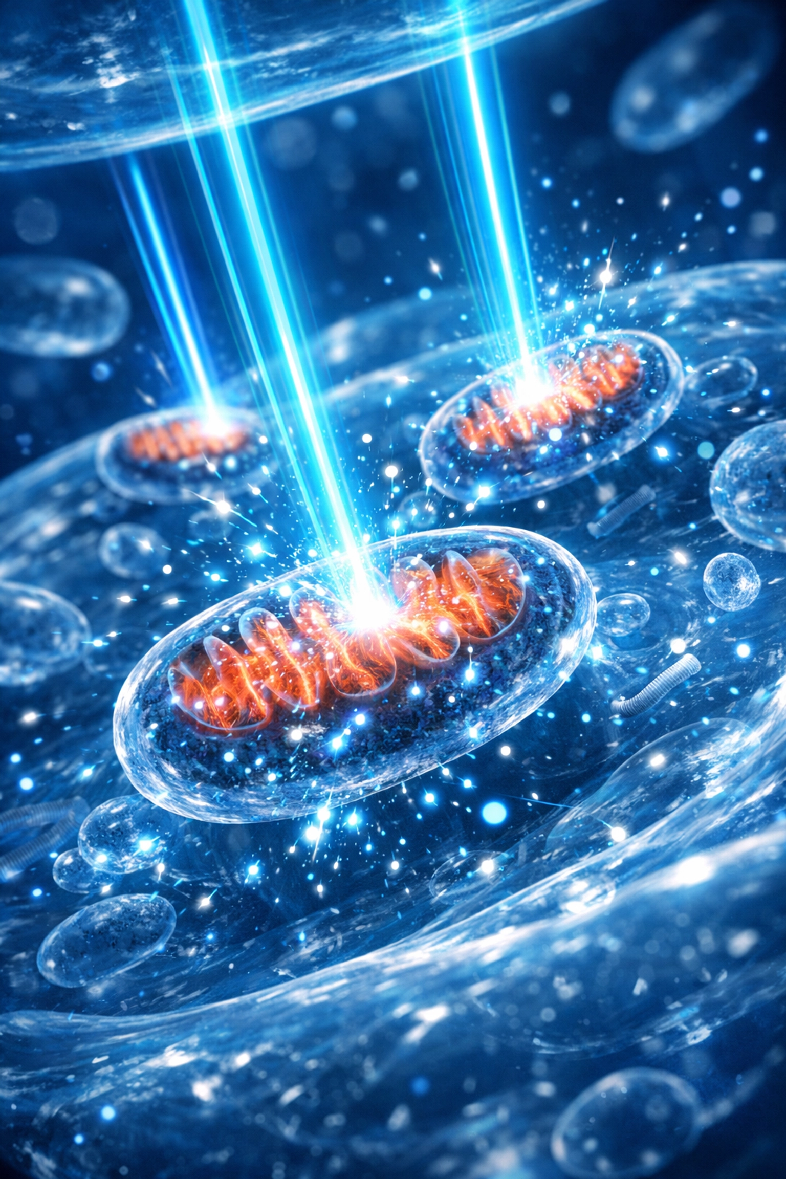 Microscopic view of cellular mitochondria energized by laser therapy to accelerate back pain tissue healing.