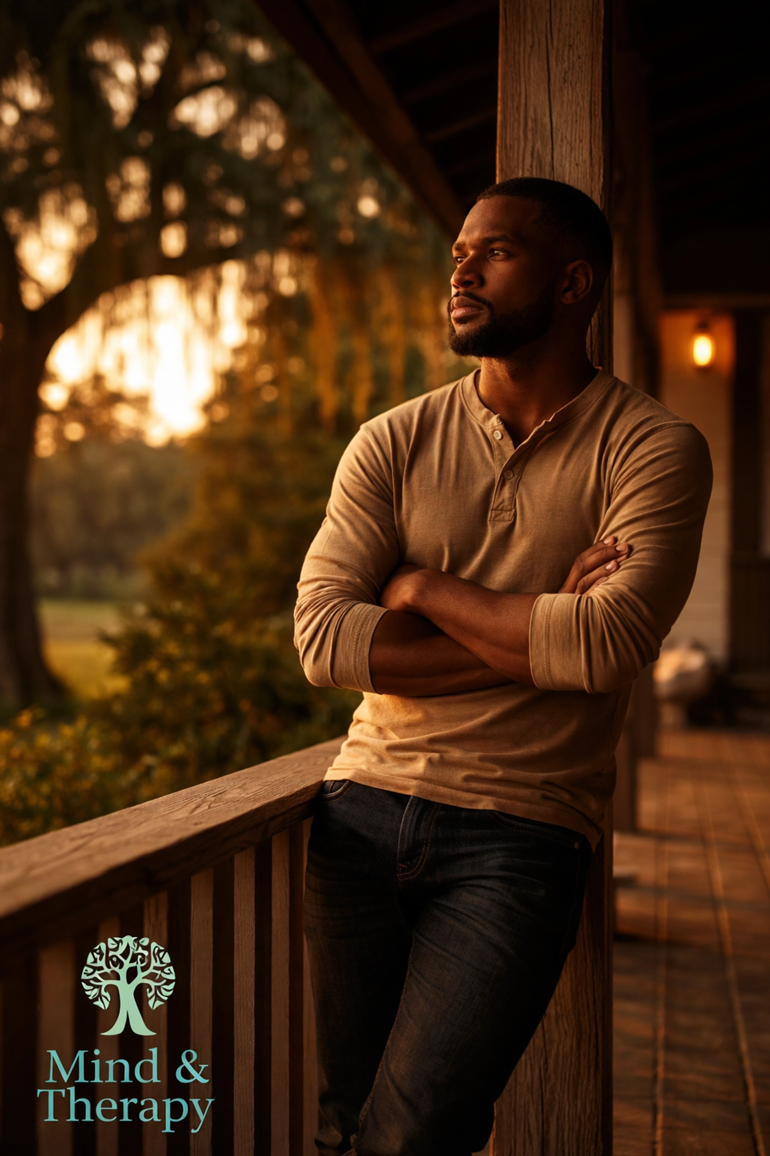 Black man in his 30s reflecting on a porch at sunset, symbolizing resilience and vulnerability after relationship trauma