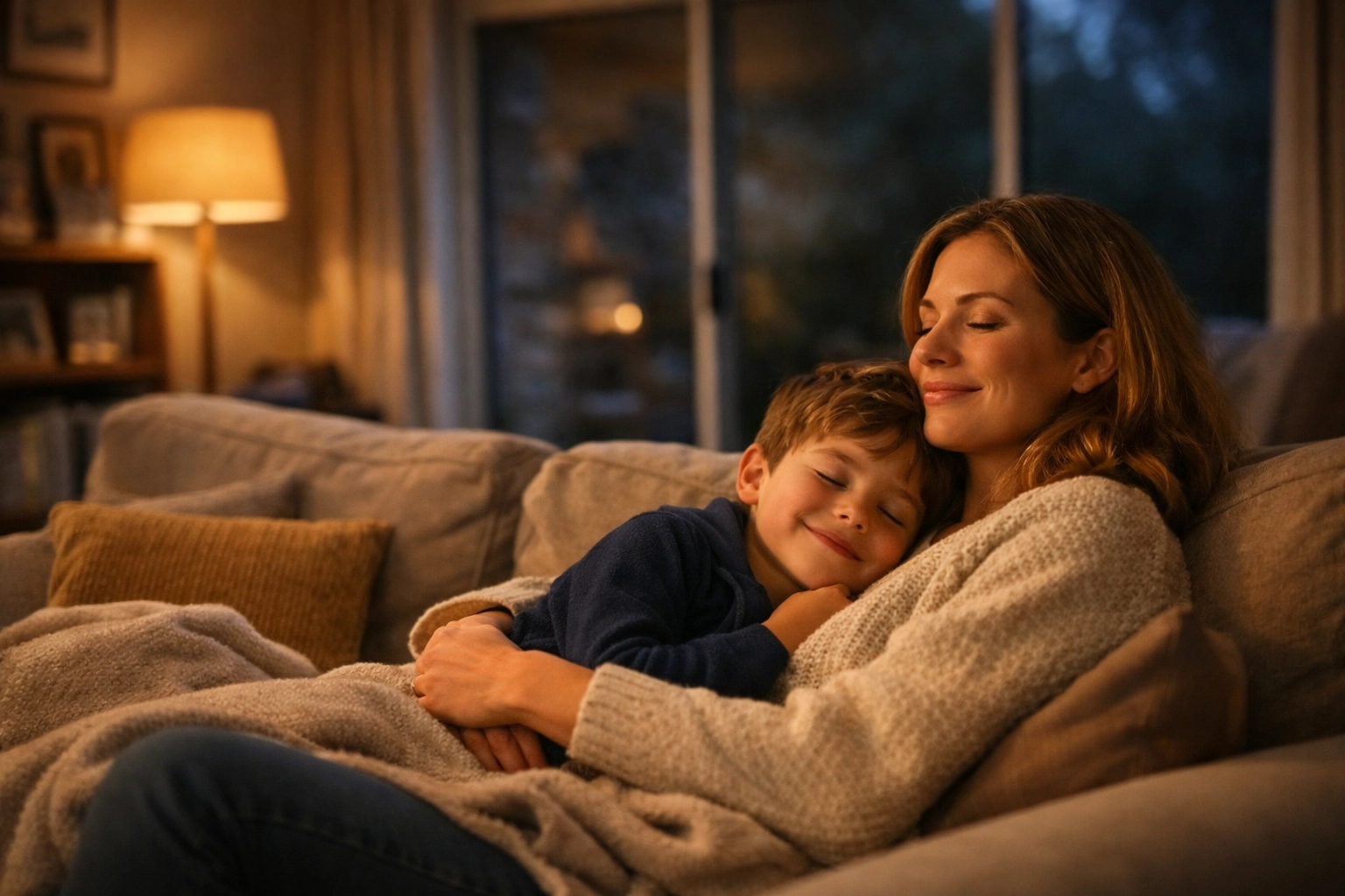 A family relaxing safely in a secure living room with peace of mind from a home security system.