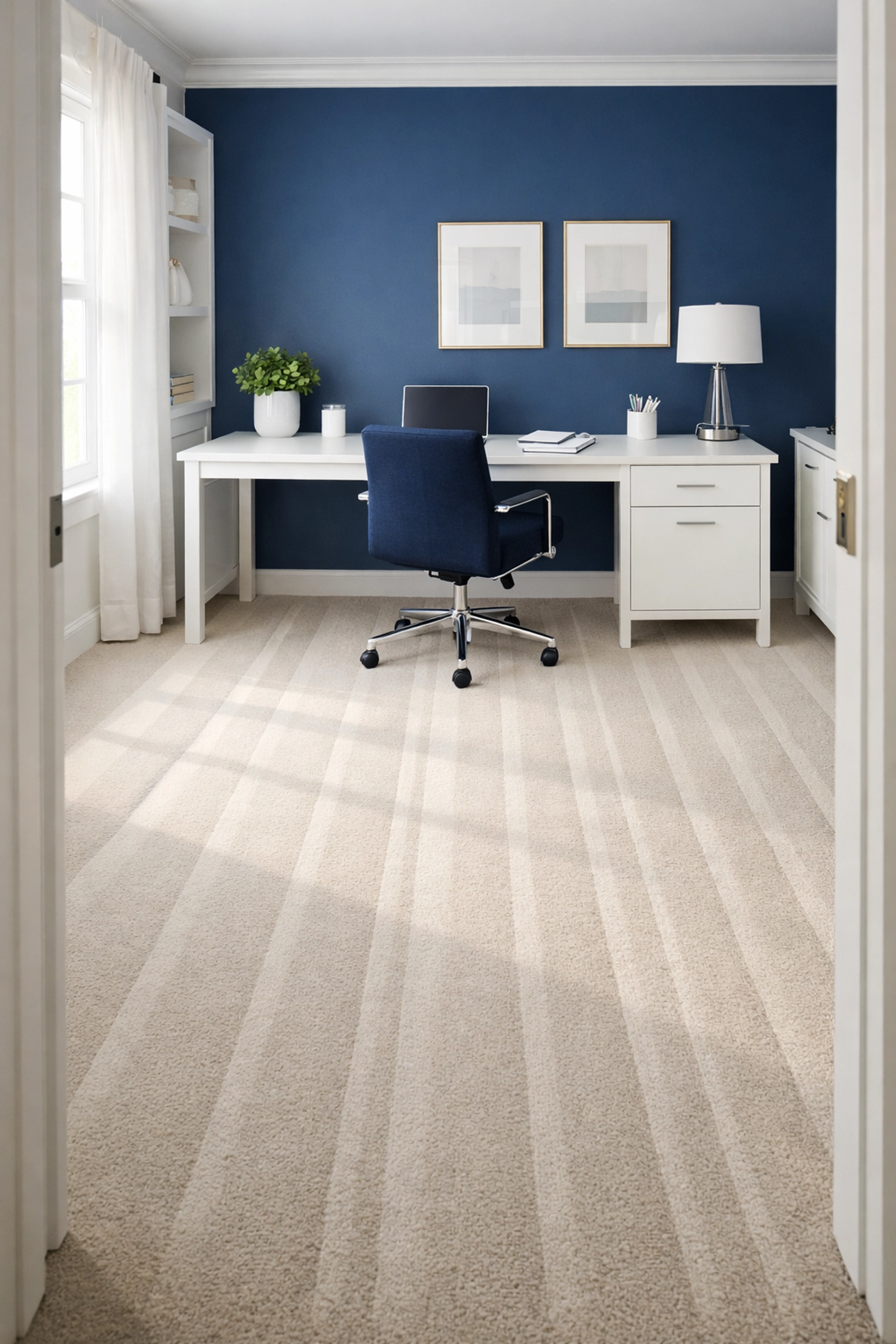 Organized and dust-free home office with clean carpets from top-rated house cleaning services MA.