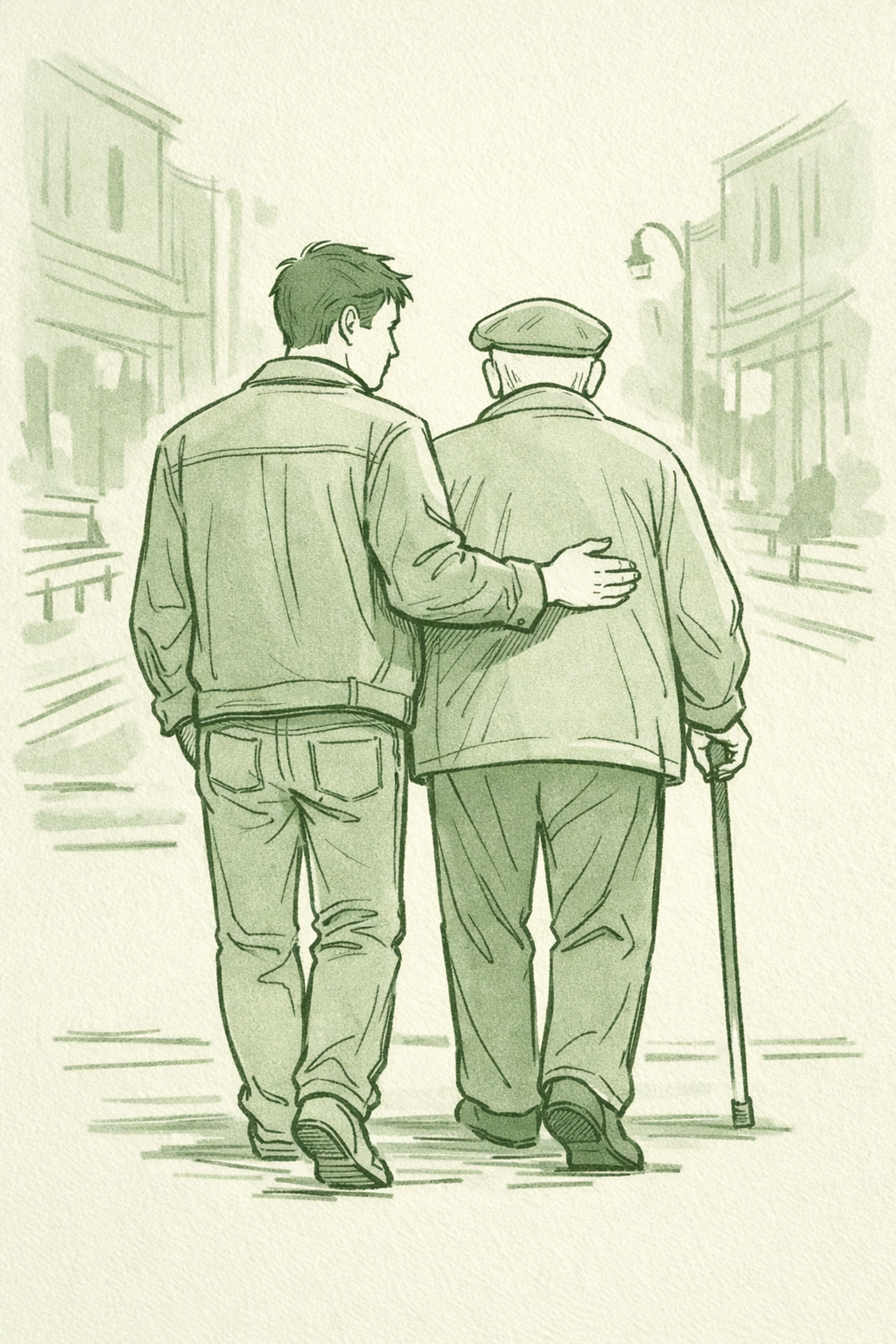 Young man and senior walking together publicly - age gap gay couple facing society