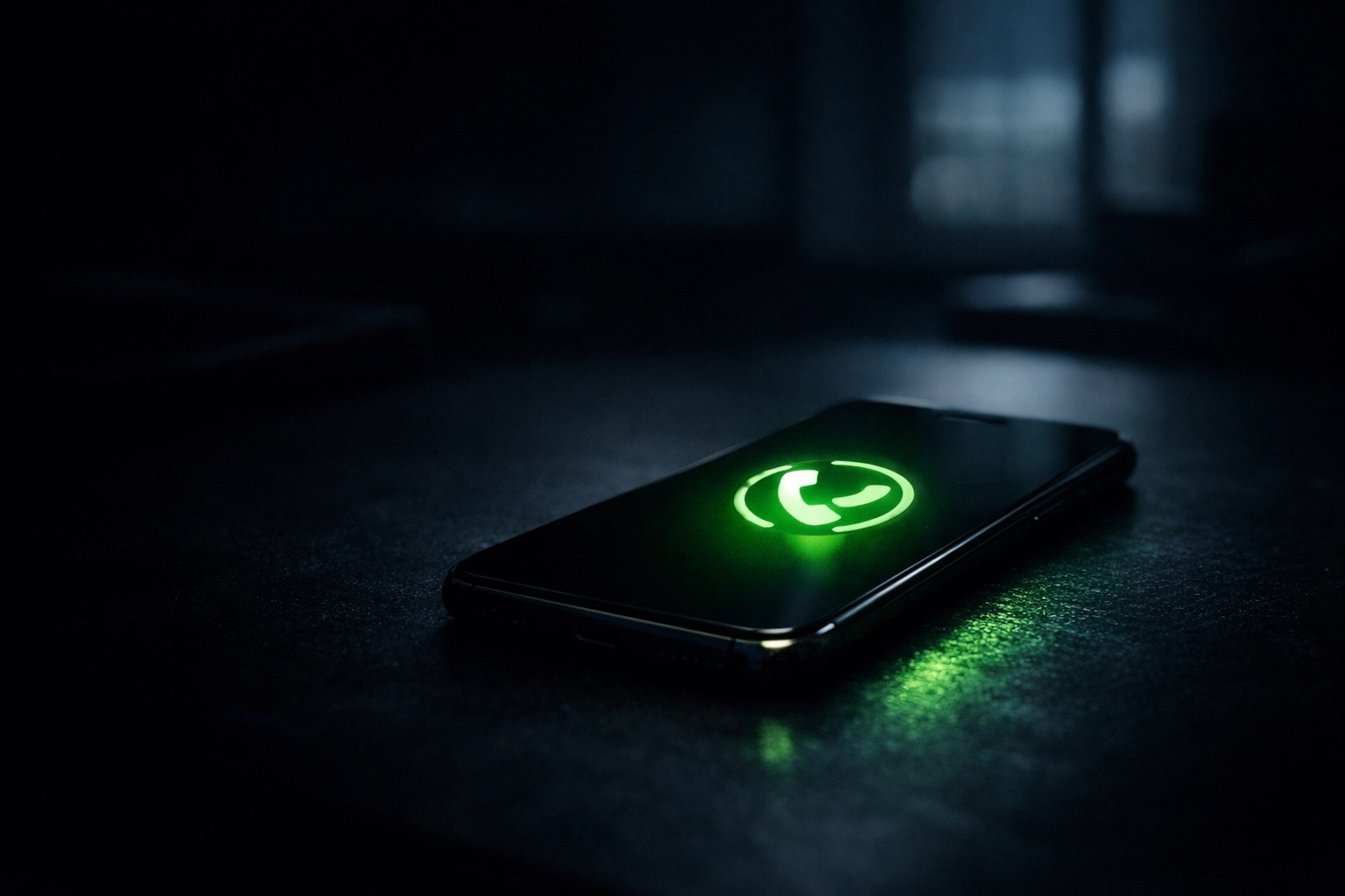 Smartphone on a dark office desk showing a green call connected icon to illustrate fast speed to lead response times.