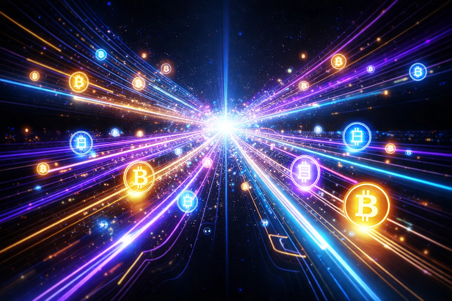 Interconnected blockchain networks converging to one hub, illustrating Larecoin's multi-chain crypto payment solution.