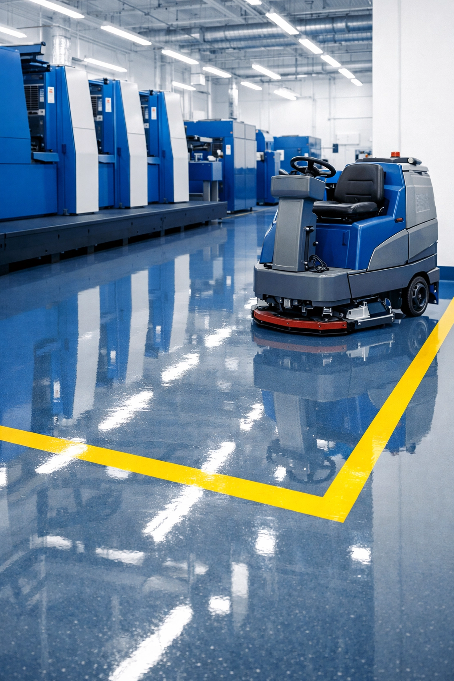 Polished industrial epoxy floor in a printing plant with yellow safety lines and professional scrubber.