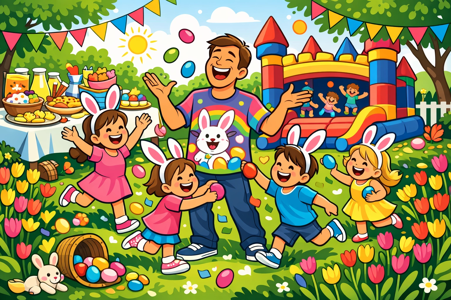 A man wearing humorous apparel laughs with kids wearing bunny ears at a backyard Easter family celebration.