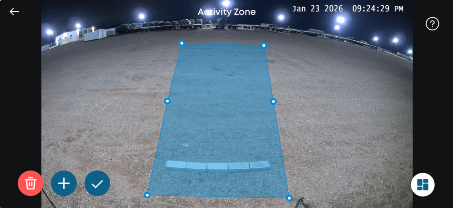SmartSpot™ nighttime Activity Zone view showing the monitored area around your parking spot under the lights.