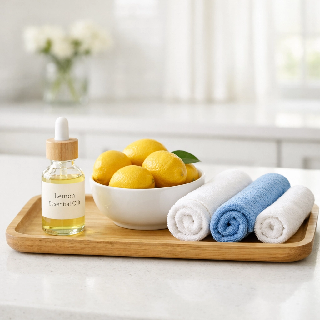 Natural lemon essential oil and cleaning cloths used for eco-friendly house cleaning and deodorizing.