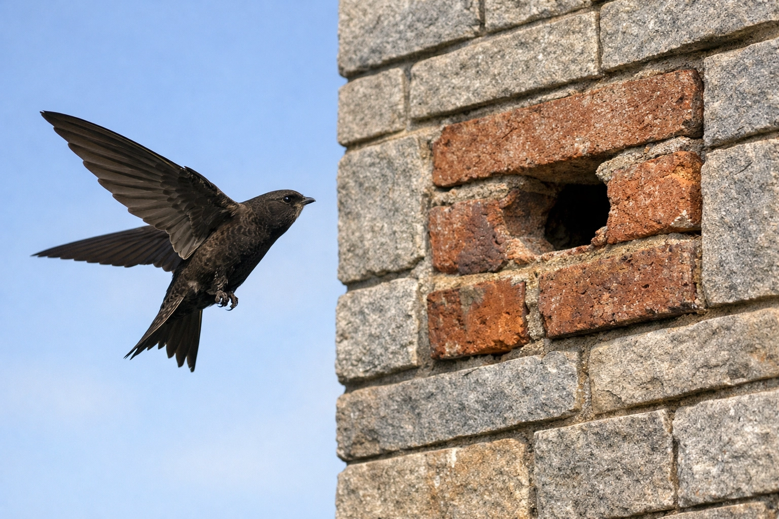 Swift bird approaching nesting brick in Scottish building for conservation protection