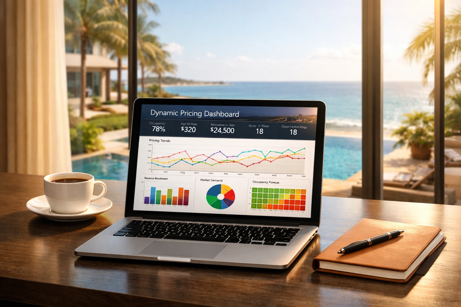 Dynamic pricing dashboard for luxury vacation rental management showing revenue optimization