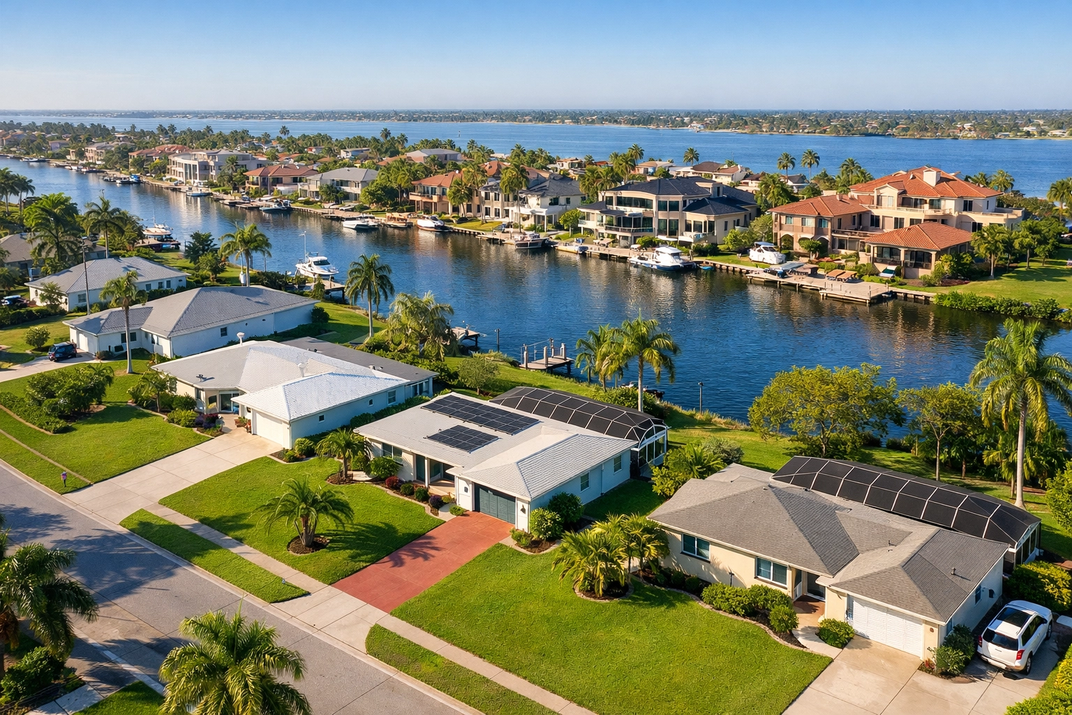 Aerial view of Cape Coral neighborhoods showing a mix of inland and canal-front real estate.