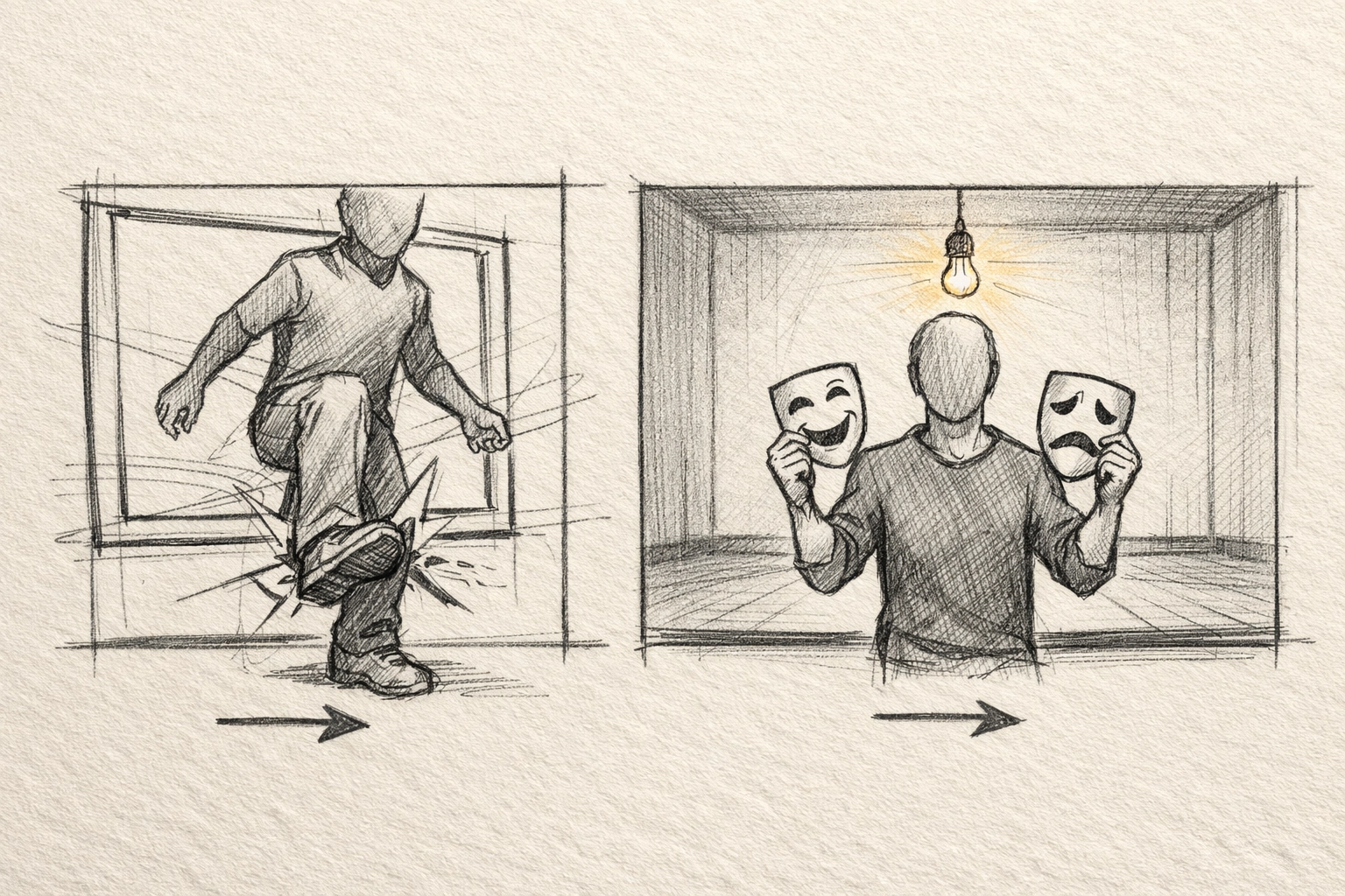 Theatrical sketch showing meta-framing as a performer steps outside the frame holding drama masks