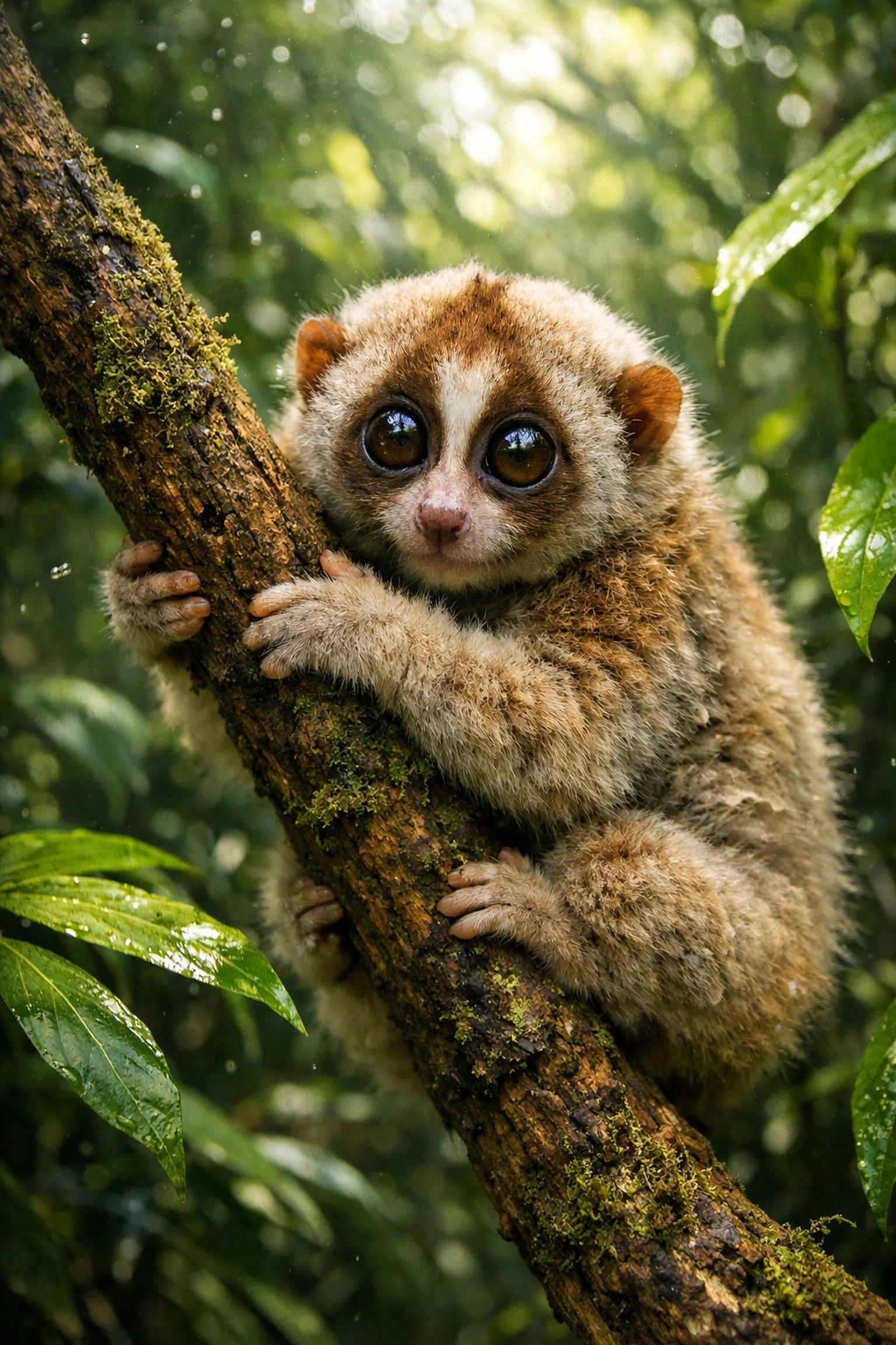 Javan slow loris in rainforest habitat, endangered primate protected from illegal pet trade