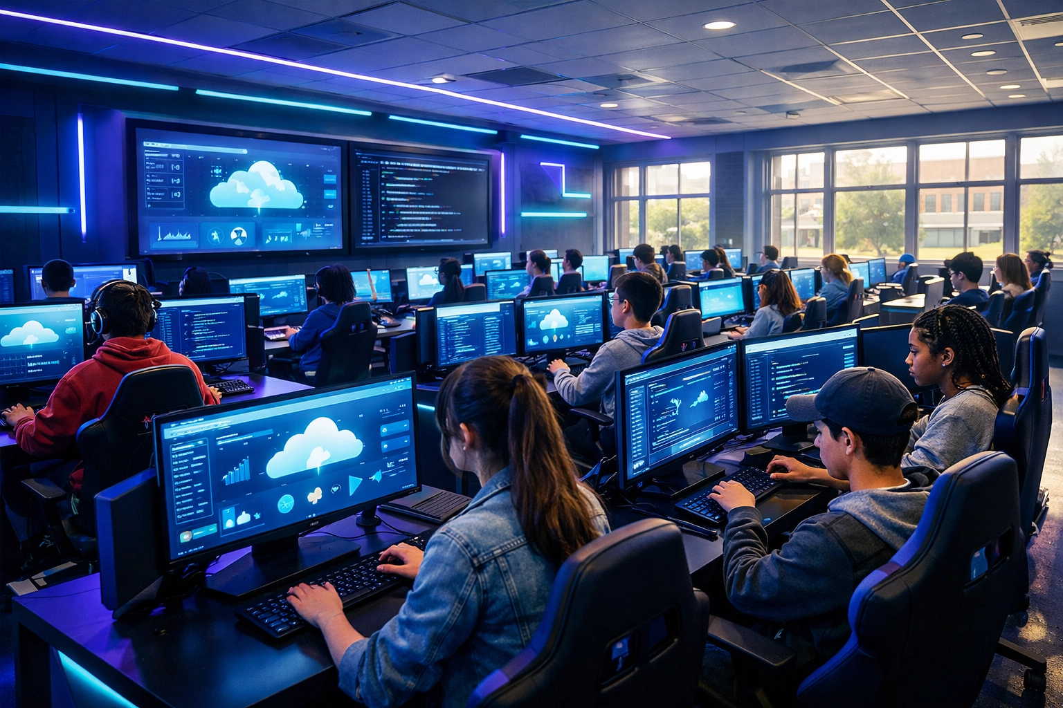 High school esports lab with students at cloud-powered gaming and learning stations