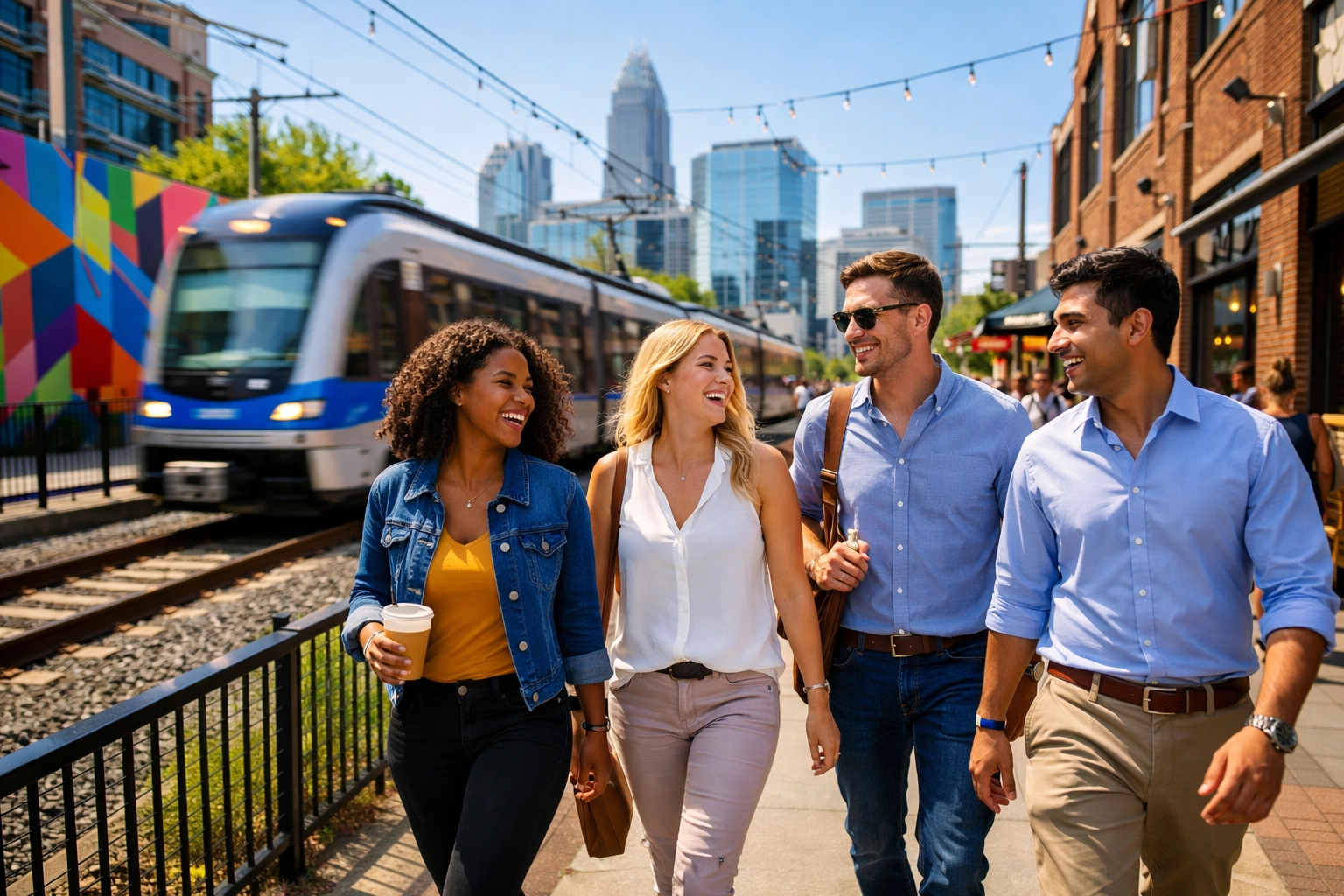 People walking along the Charlotte Rail Trail in South End next to a moving Blue Line light rail train.