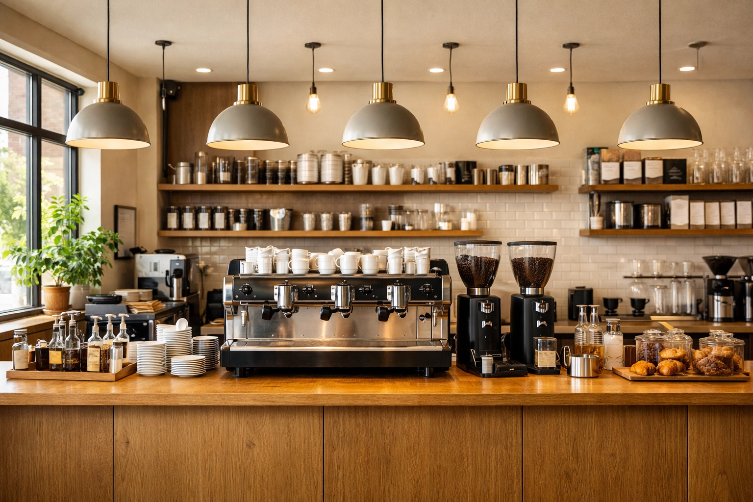Sun-drenched specialty coffee shop interior showcasing professional equipment and business growth.