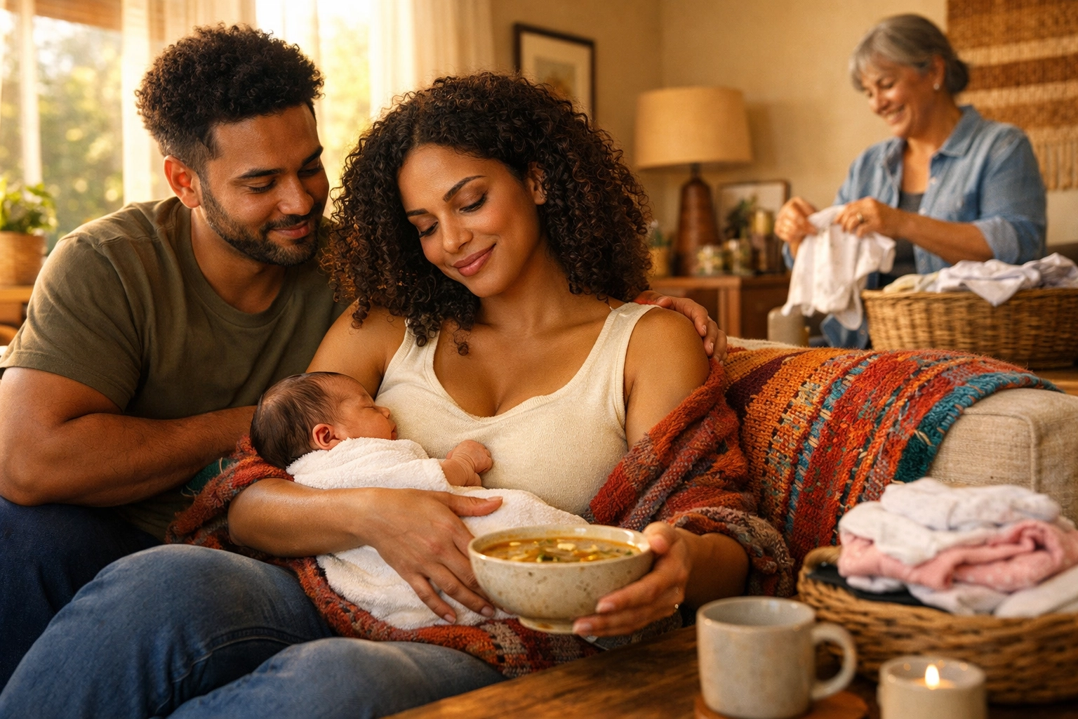 Mixed-race Brazilian mother and newborn with supportive family, representing culturally aligned doula care in Canada.