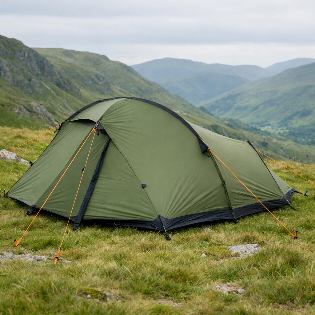 Green trekking tent perfectly pitched on a Lake District plateau, demonstrating wild camping guided UK survival skills.