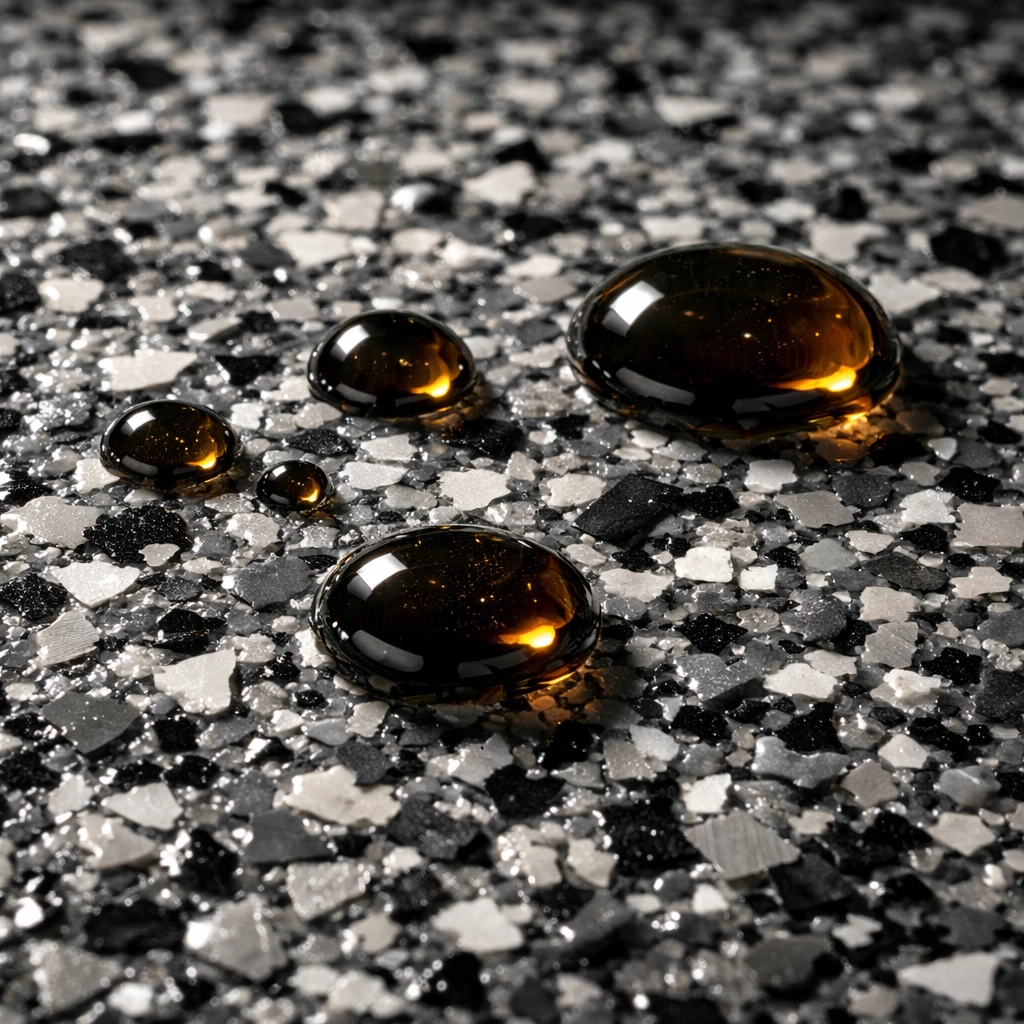 Chemical-resistant epoxy flake floor coating showing oil beading on surface