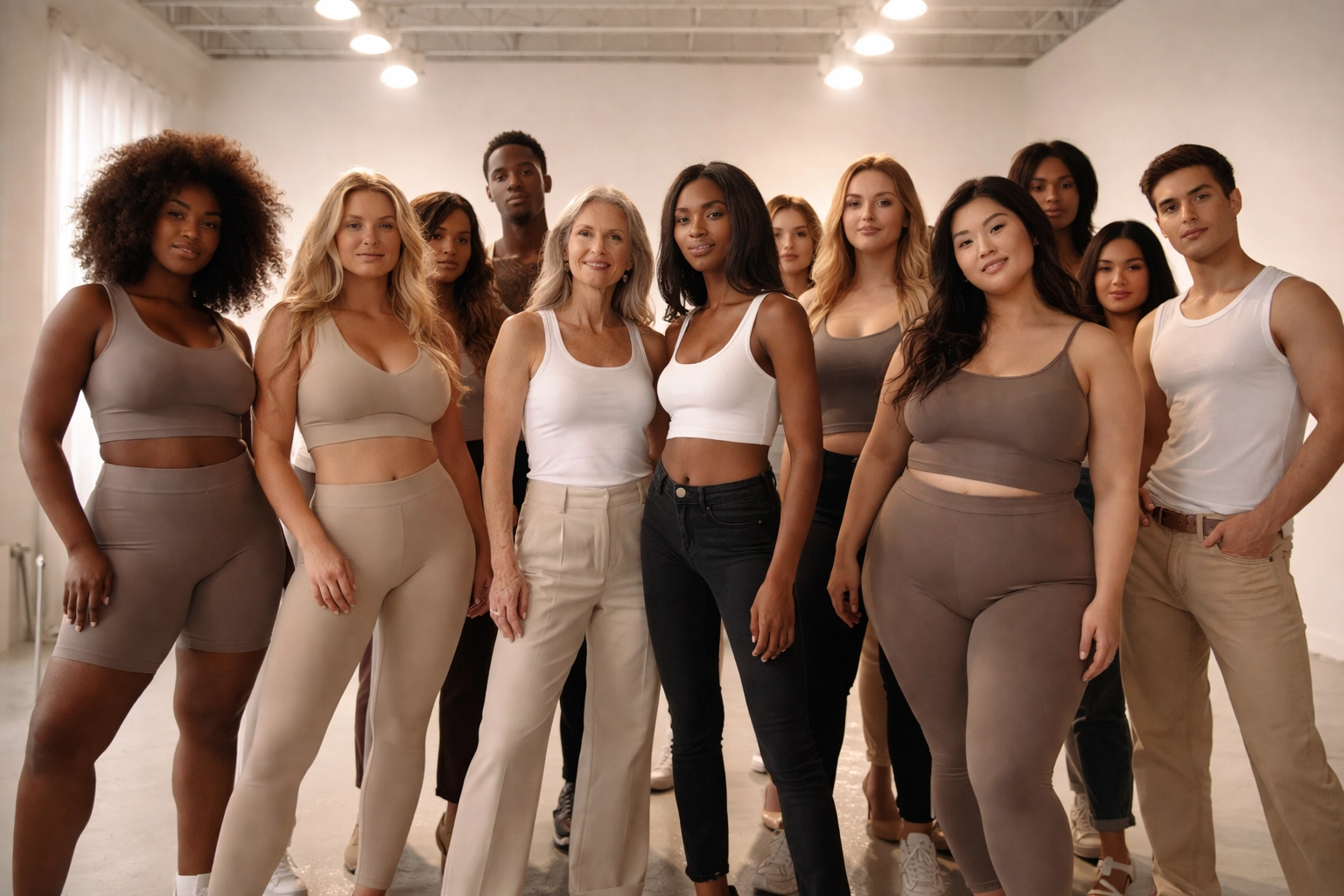 Group of models with varied body types and ethnicities attend an inclusive runway casting for fashion week.