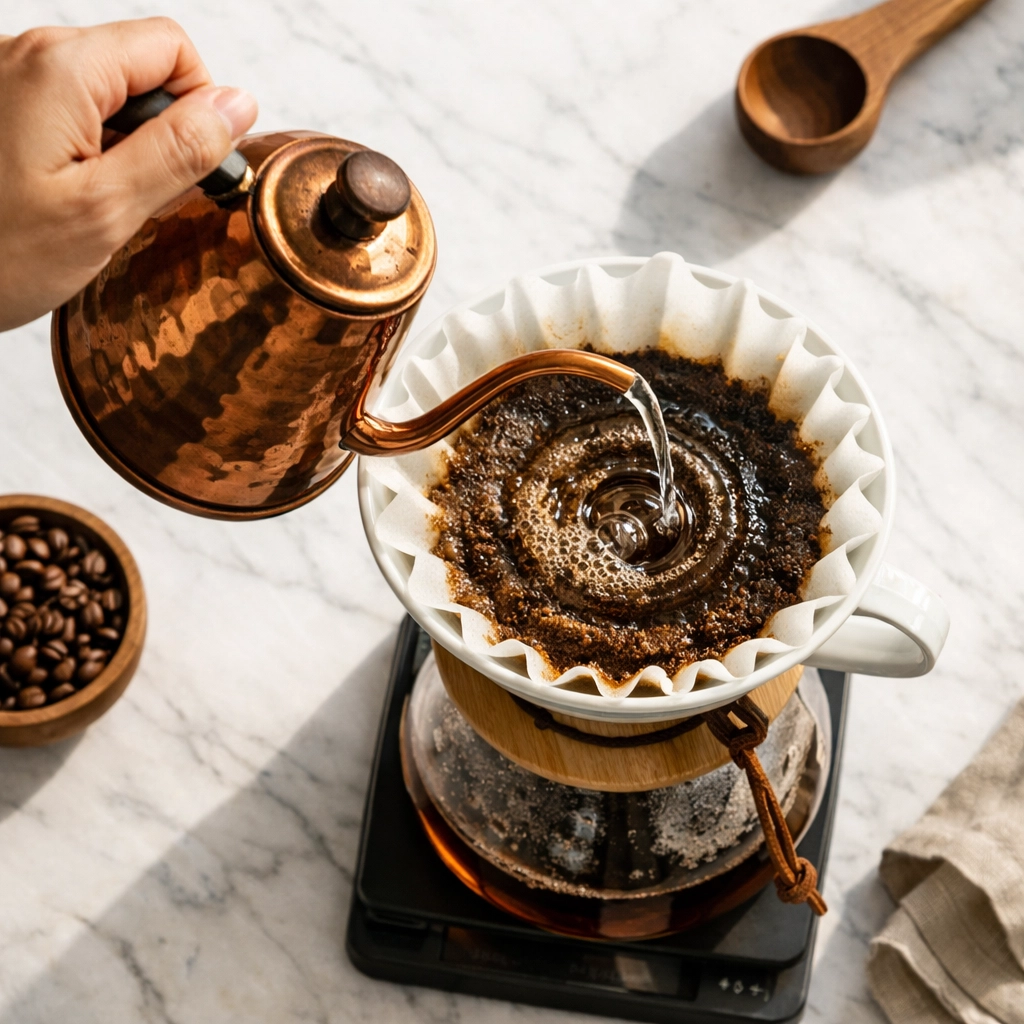Pouring water in circular motion over coffee grounds for pour-over brewing