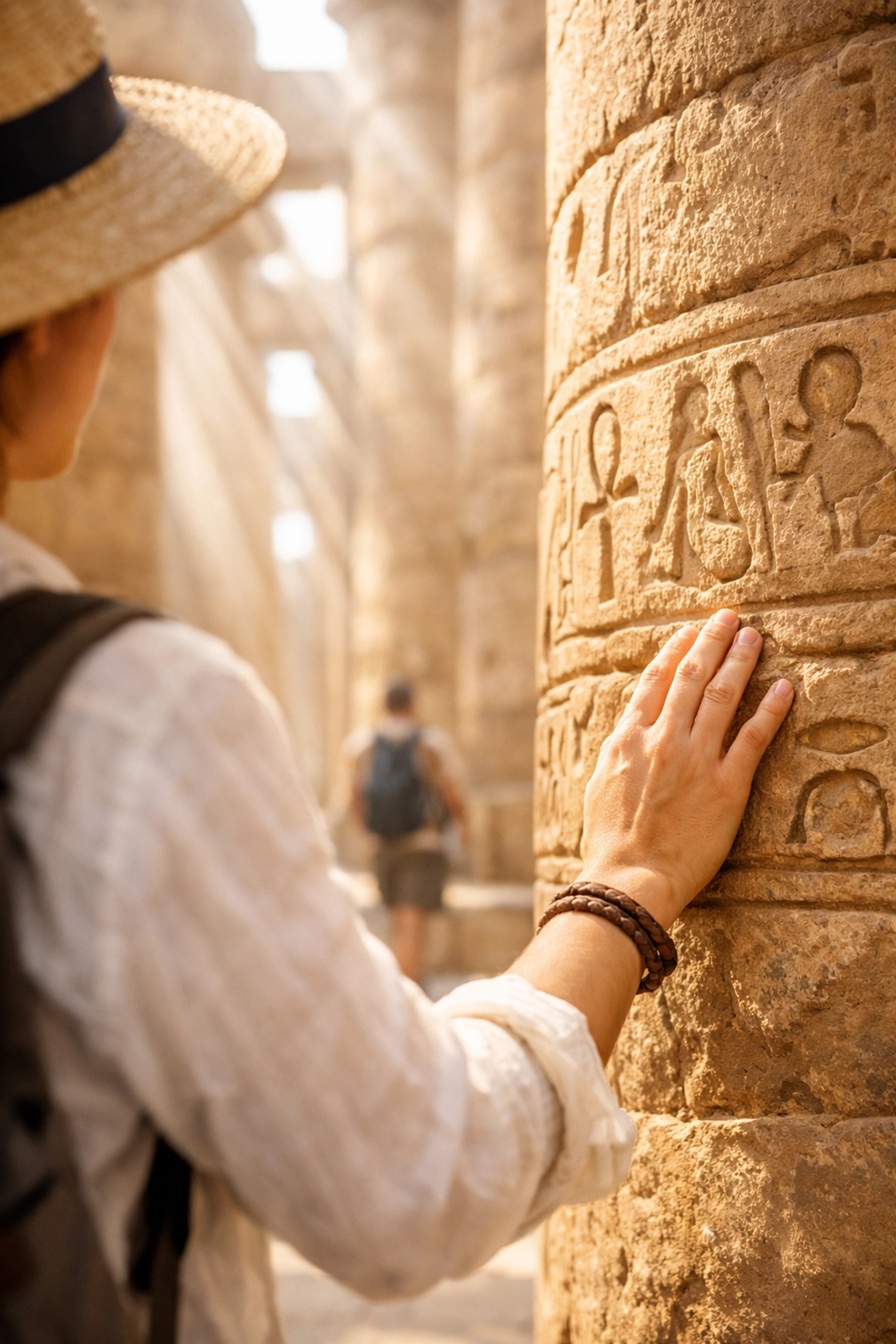 Candid moment exploring the sunlit columns and hieroglyphs of Karnak Temple in Luxor.