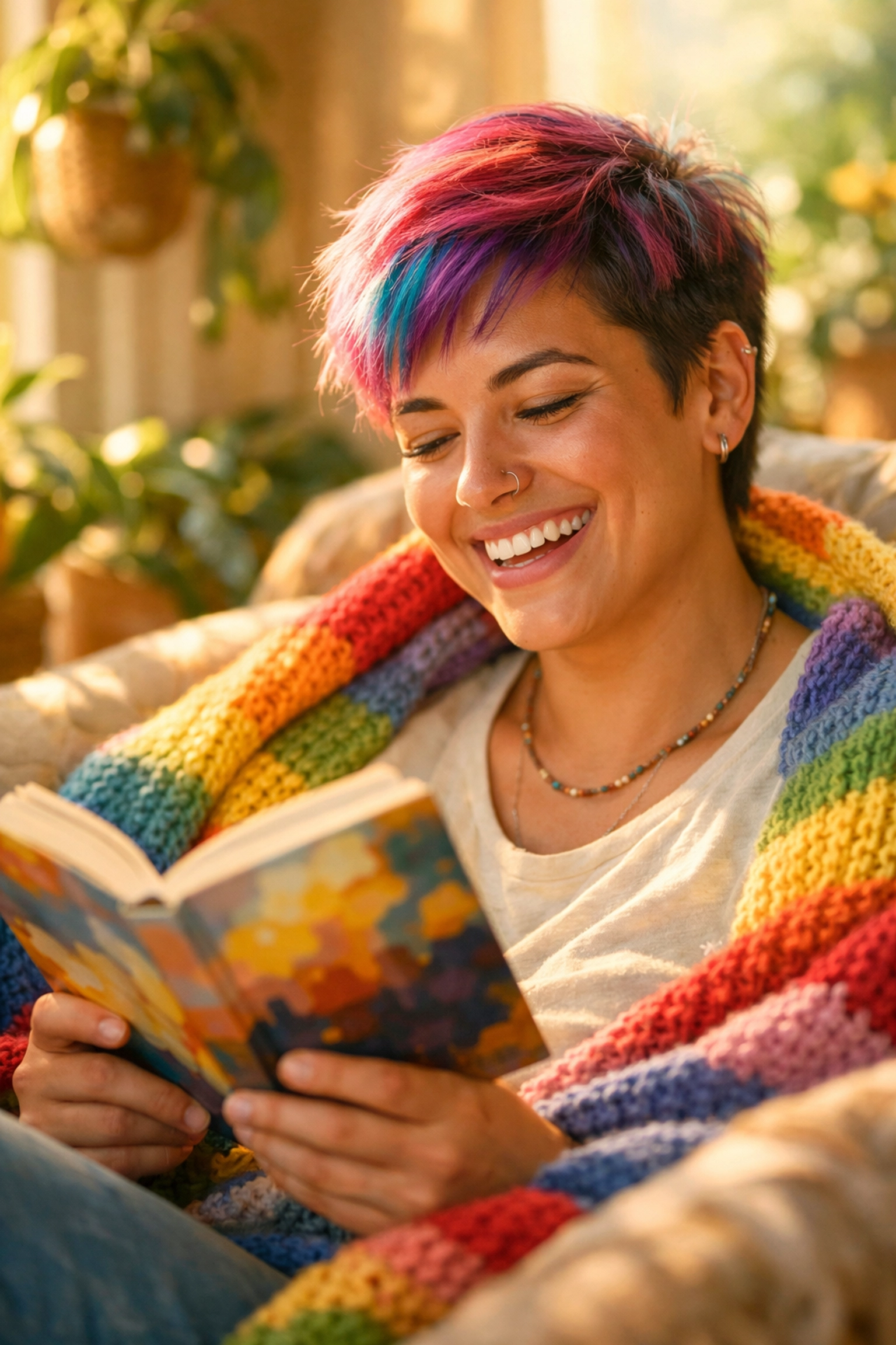 Happy queer person reading in a sun-drenched nook, finding joy through gay love stories and local hobby groups.