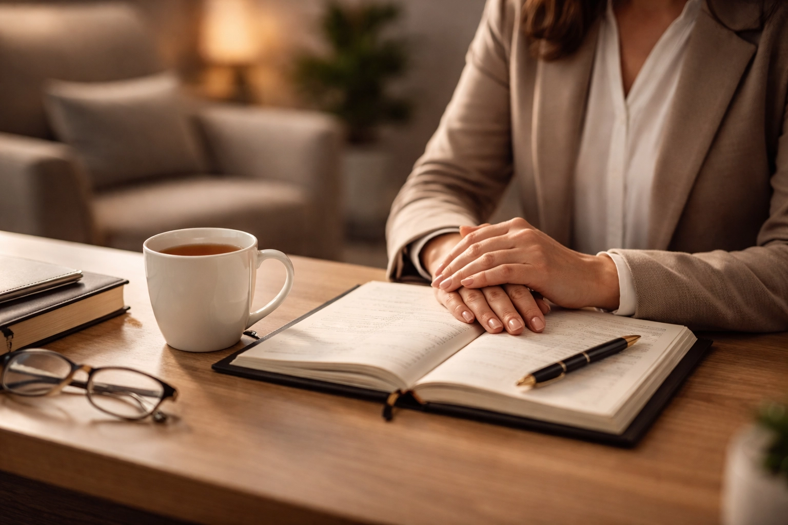 Close-up of female psychologist’s hands on desk with appointment book, highlighting trust and professional care in Brisbane.