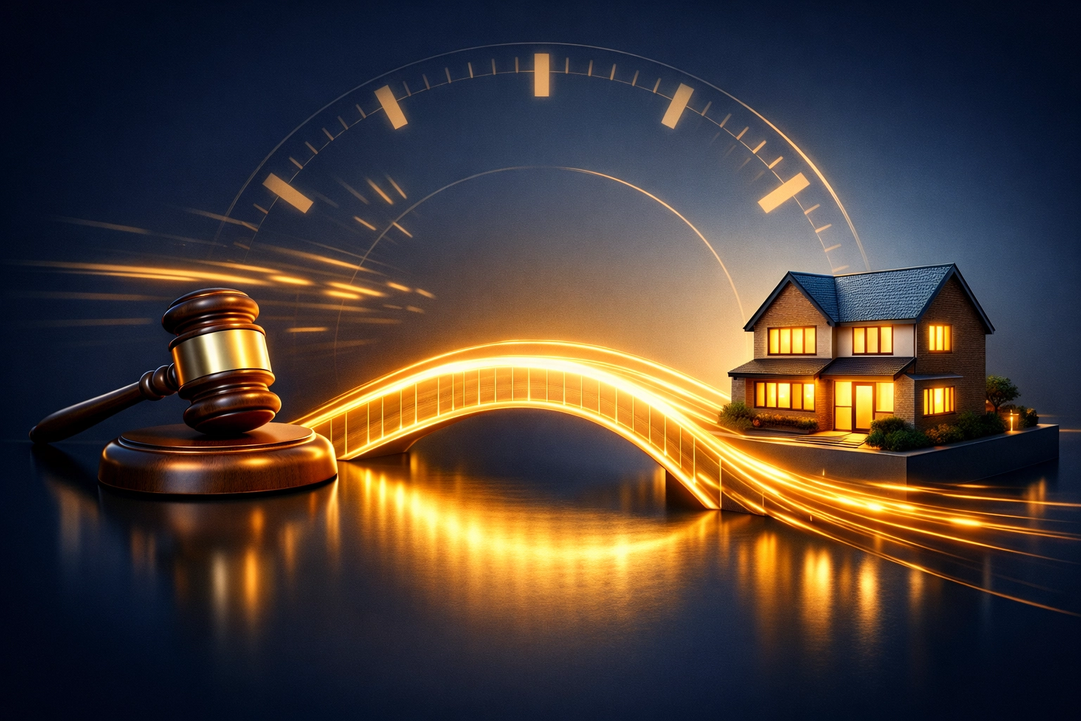 Conceptual bridge illustrating how a bridging loan secures an auction property deal quickly.