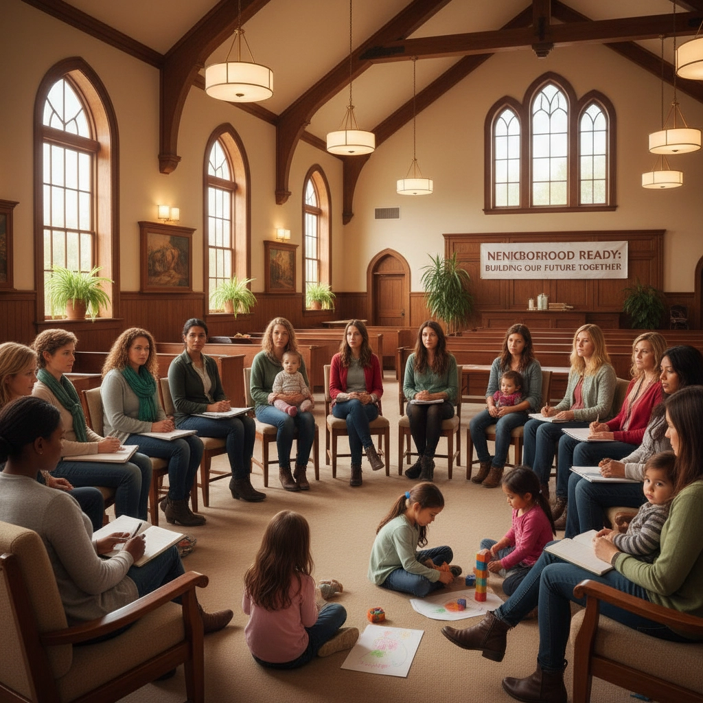 A group of women sit in a circular discussion group in a church. All are holding a pad and paper while  children play on the floor in the middle of them. The Climate Crisis: Why Single Mothers Are More Vulnerable