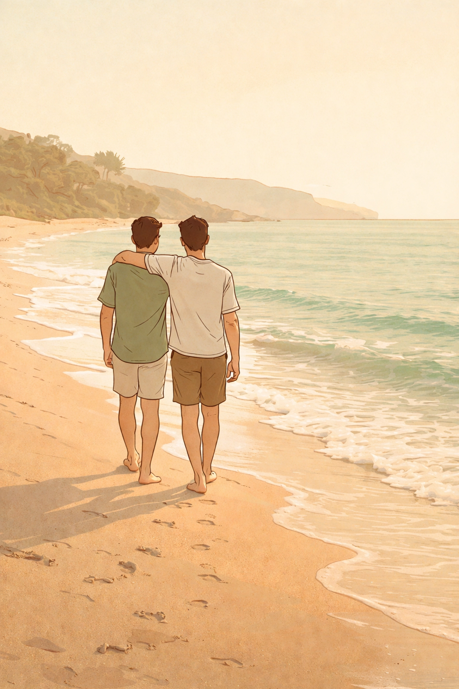 Two men walking along Playa de Vera naturist beach in Spain at sunset, showcasing a relaxed and liberated MM couple experience.