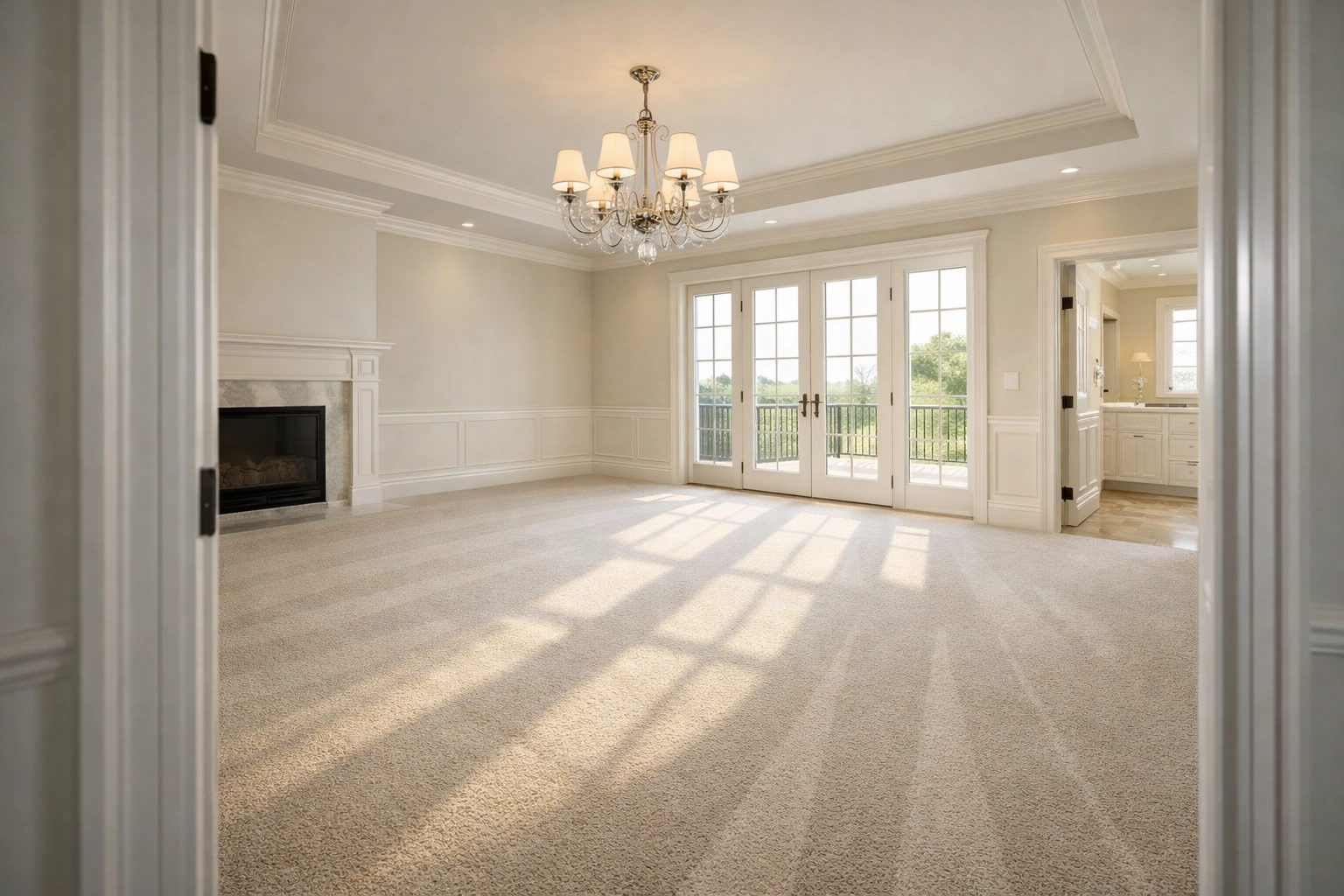 Sunlight hitting a freshly vacuumed and clean master bedroom in a new Shrewsbury home after move-in house cleaning.