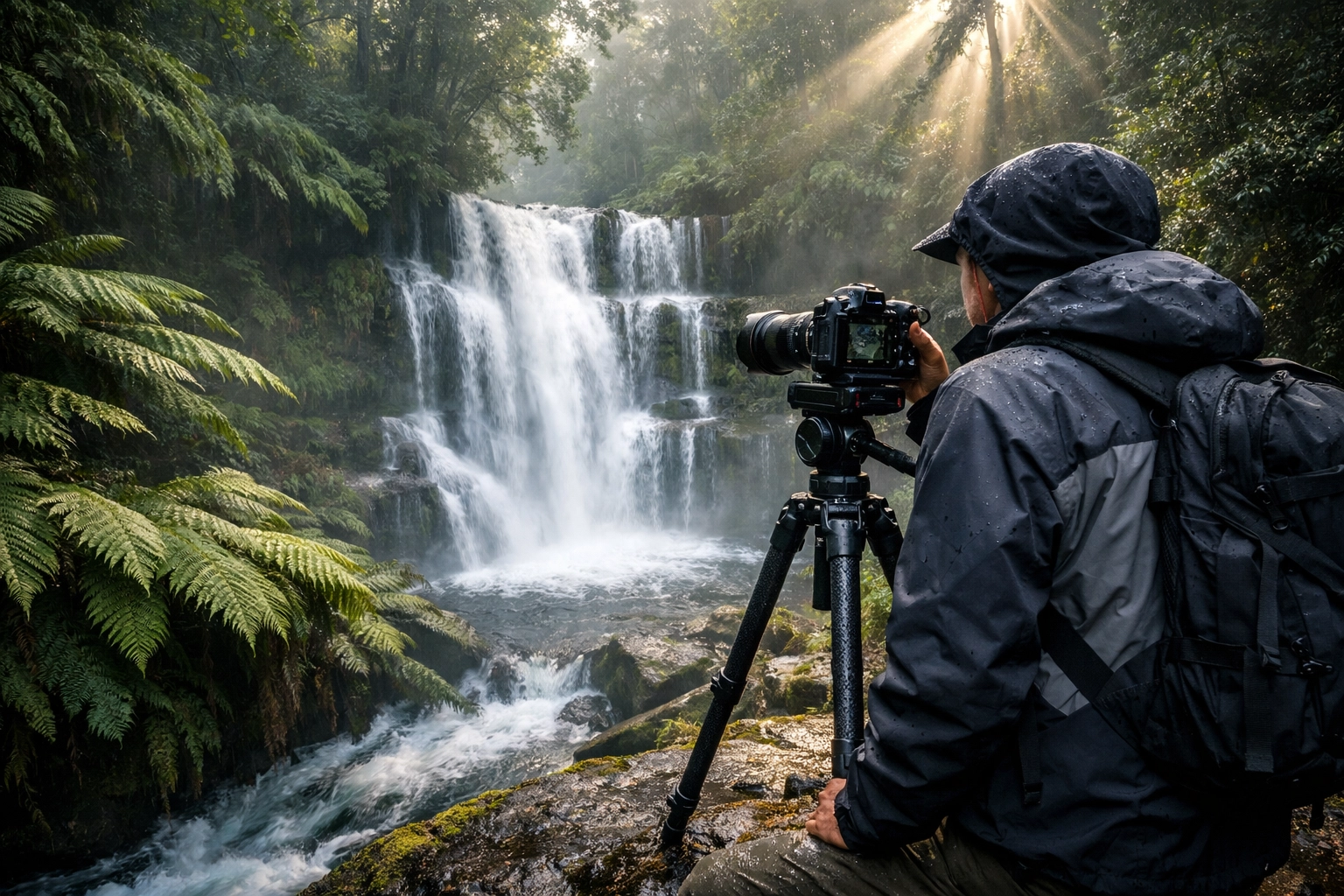 Professional photographer capturing a forest waterfall using the latest camera releases on a tripod.