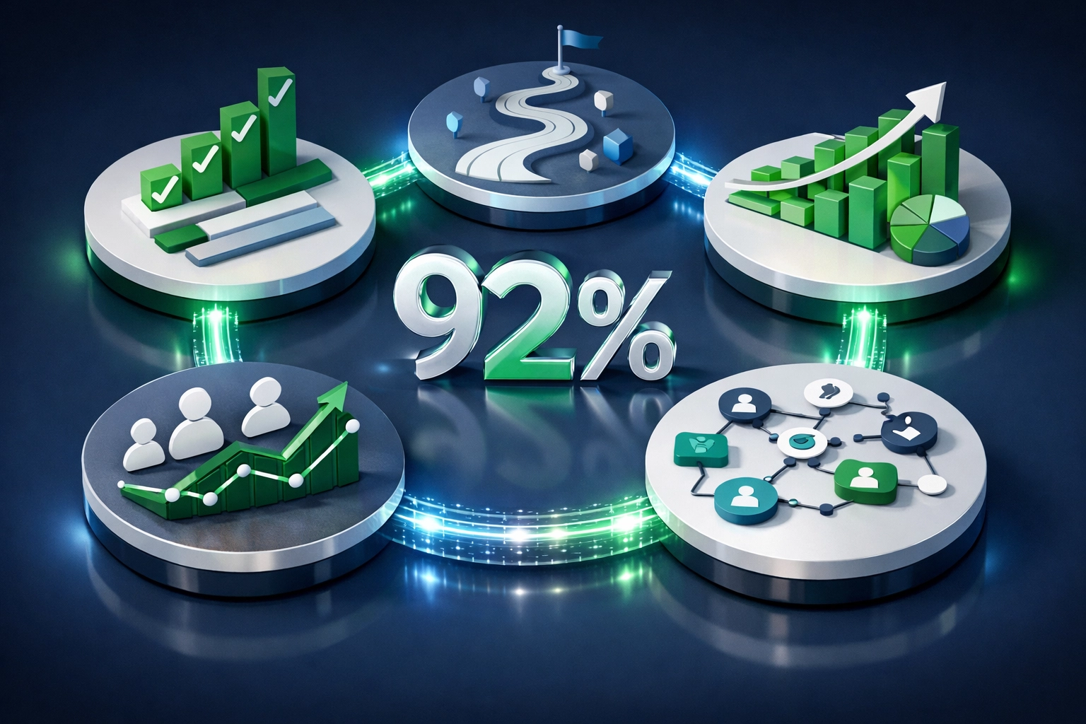 Five ServiceNow performance benchmarks connected showing 92% completion targets