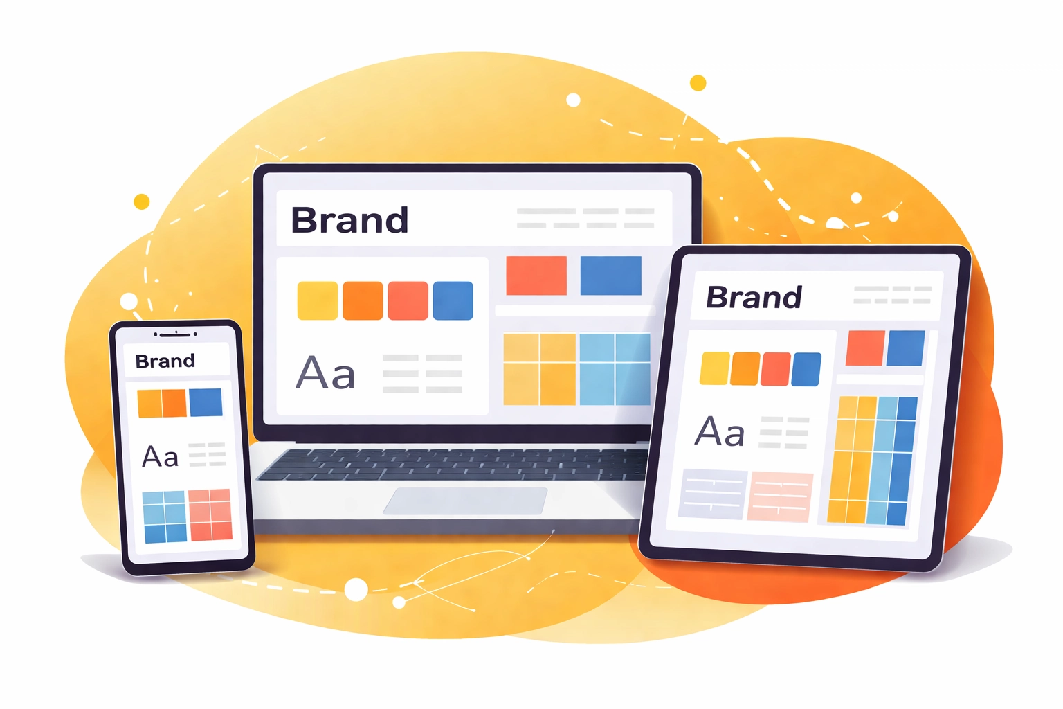 Illustration of laptop, smartphone, and tablet displaying matching brand elements to show consistent branding across platforms.