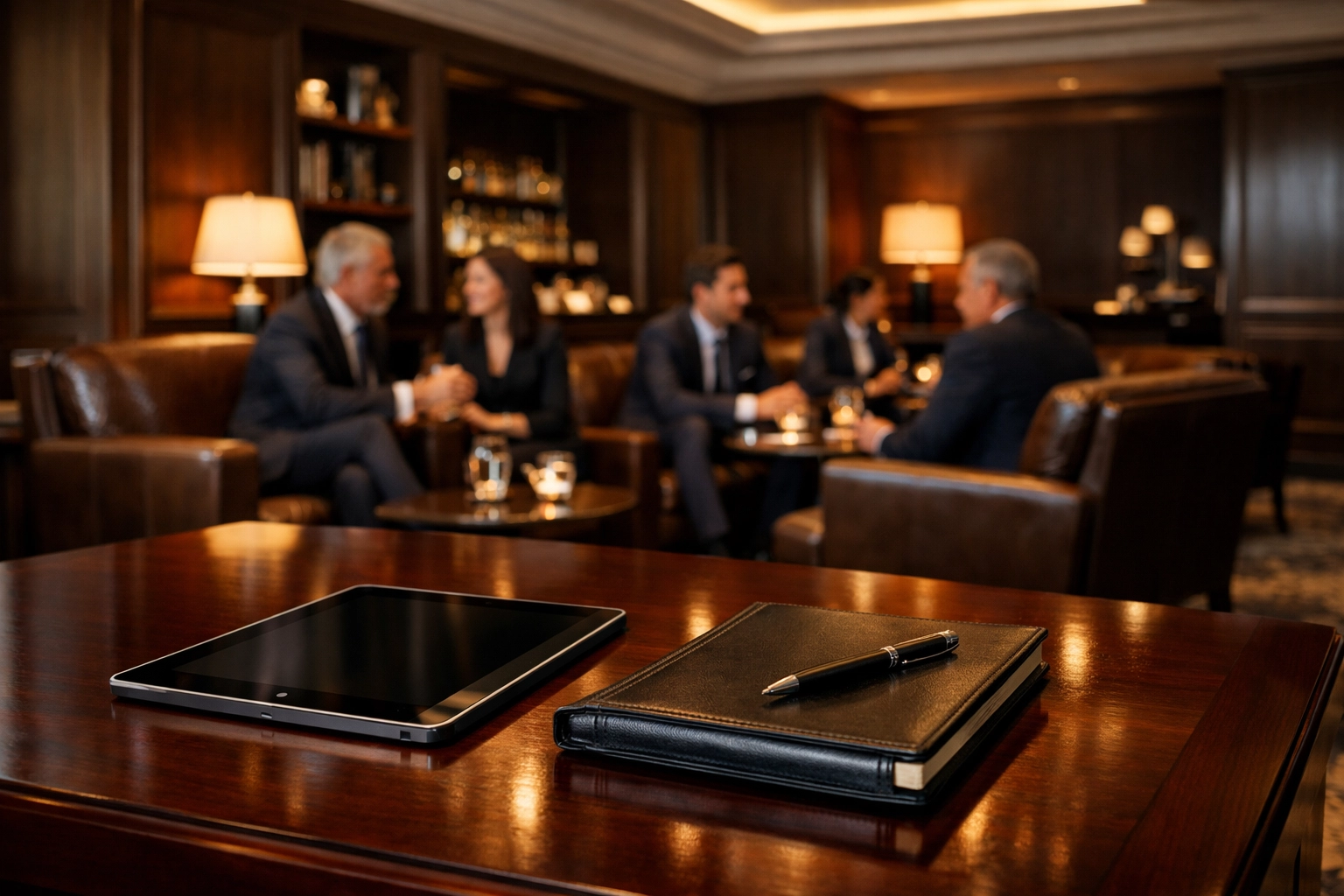 Professionals meeting in a private executive lounge for high-stakes Super Bowl corporate hospitality planning.