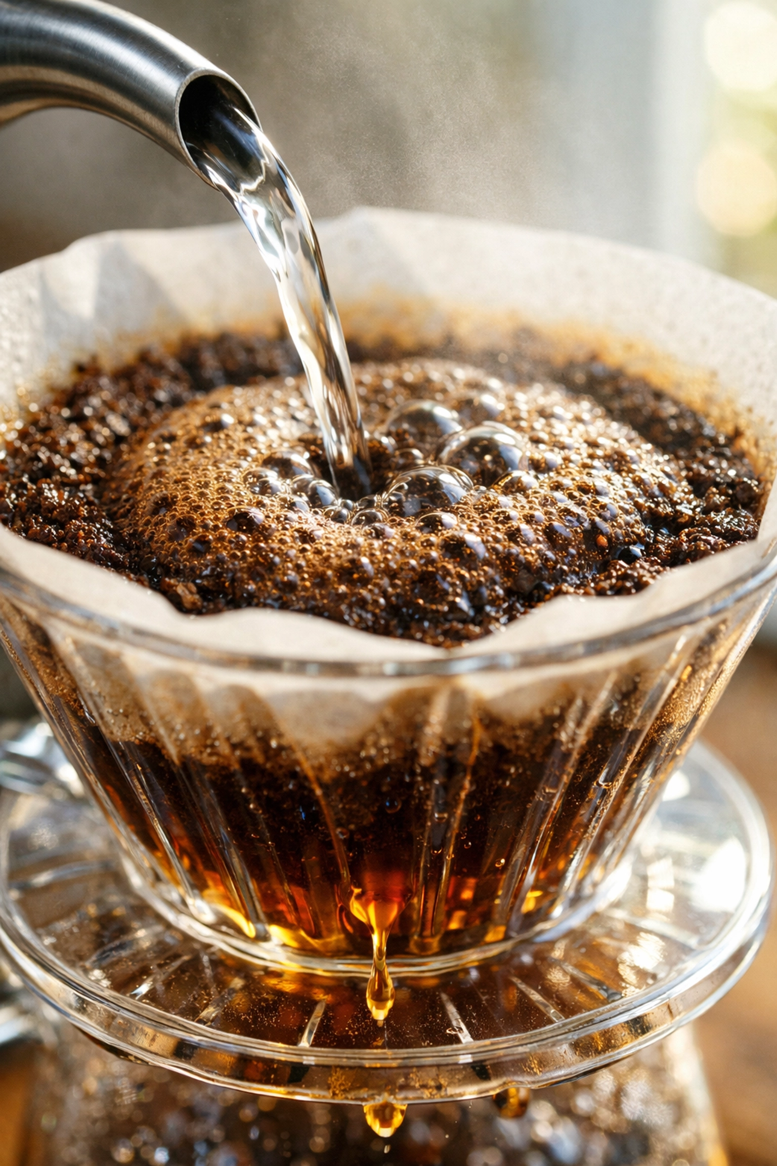 Close-up of water pouring into a glass pour-over dripper for optimal coffee extraction and flavour.