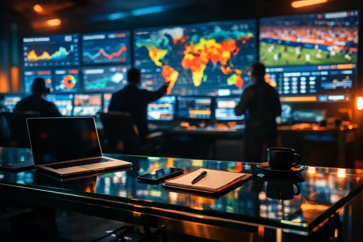 Digital marketing team monitoring real-time sports analytics in a high-tech command center for Super Bowl 2026 branding.