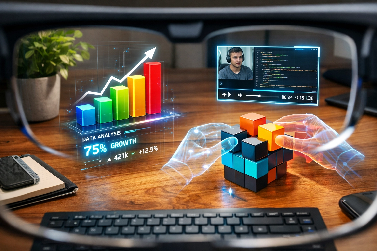 A first-person view of augmented reality tools displaying interactive data visualizations and micro-lessons on a desk.