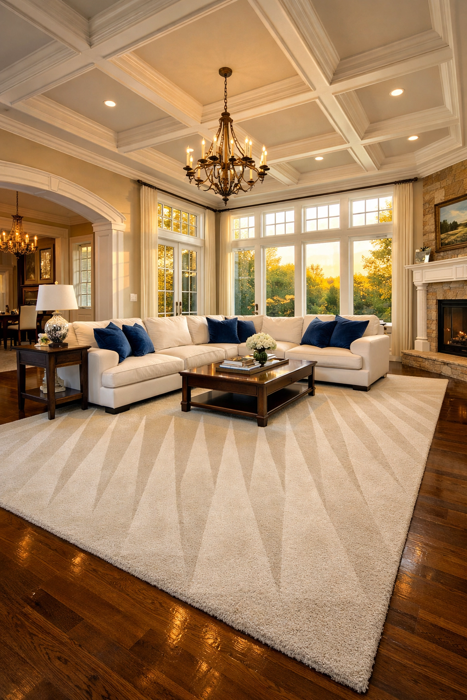 A sparkling clean luxury living room showing elite residential cleaning Massachusetts results and vacuum lines.