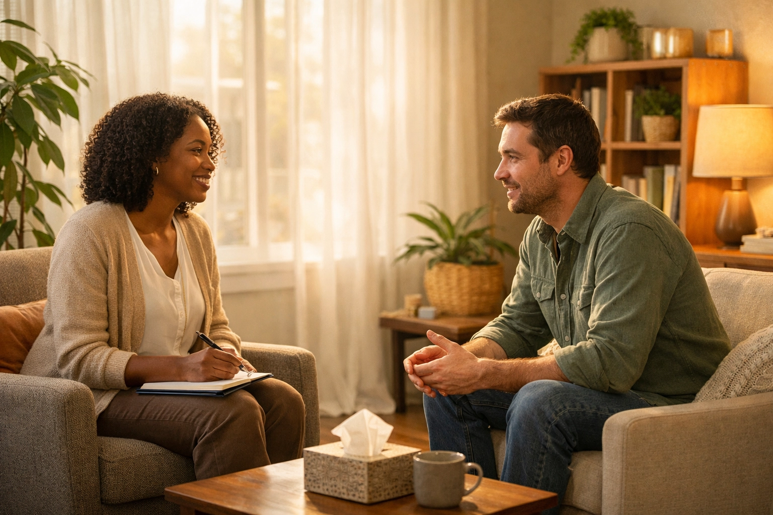 Therapist and patient in peaceful mental health counseling session