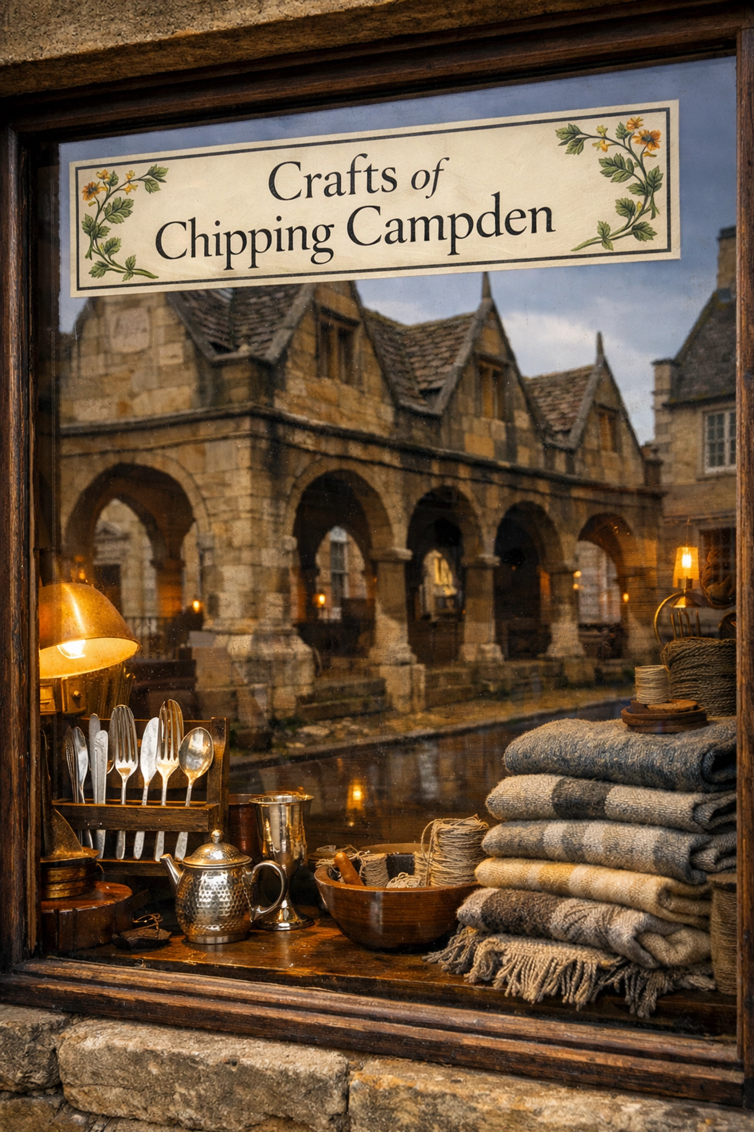 Artisan shop window in Chipping Campden showcasing local crafts and reflecting the historic Market Hall.
