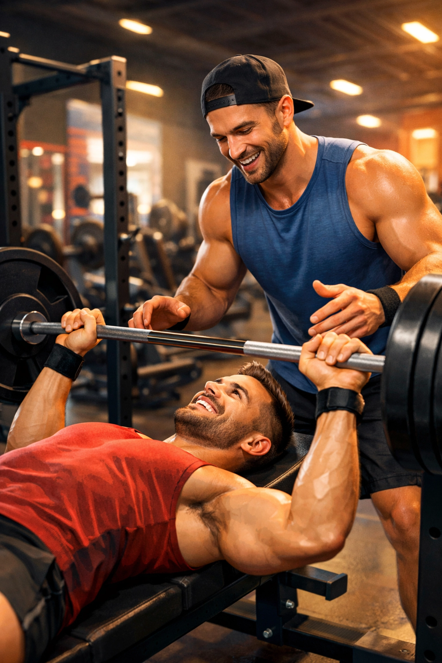 Two men working out together showing positive gay gym community and fitness friendship
