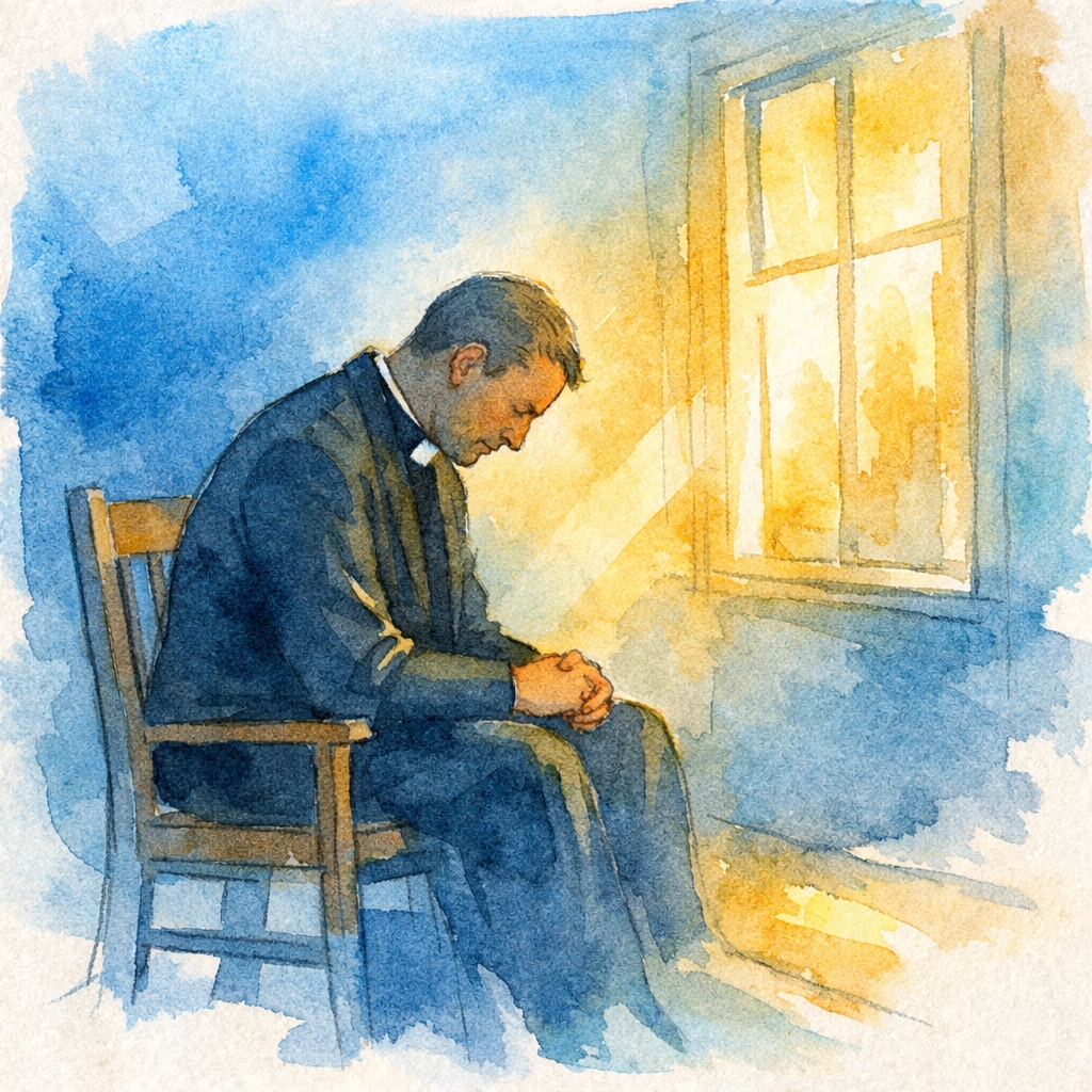 Church leader in prayer and reflection beside window seeking God's guidance
