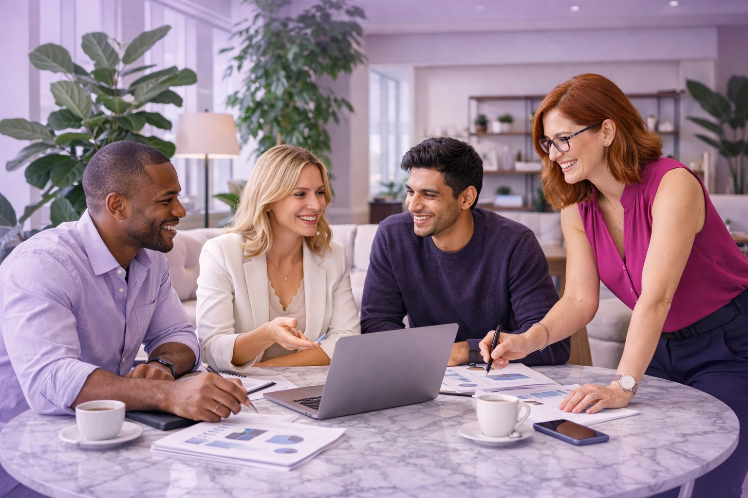 Efficient professional team collaborating on growth strategies while AI handles admin tasks.