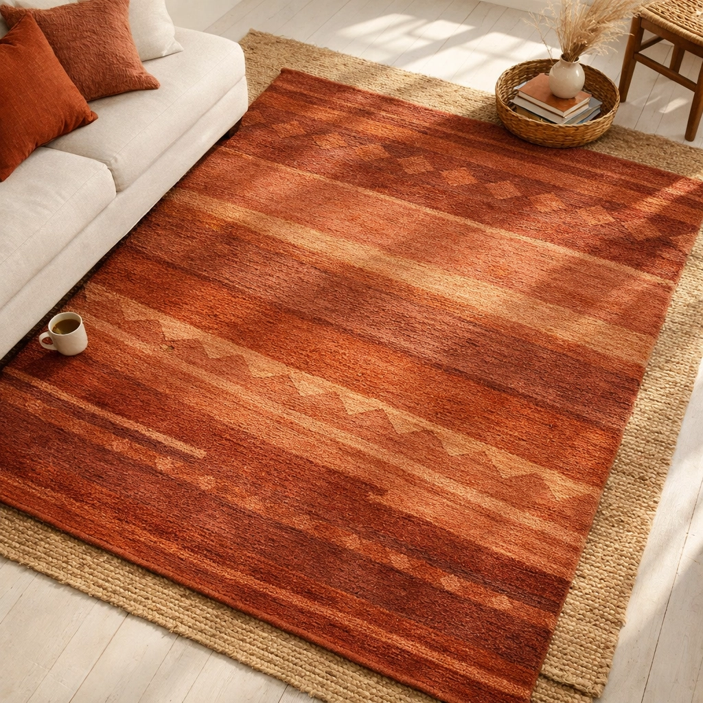 Terracotta area rug with geometric pattern anchoring a color-drenched living room without paint