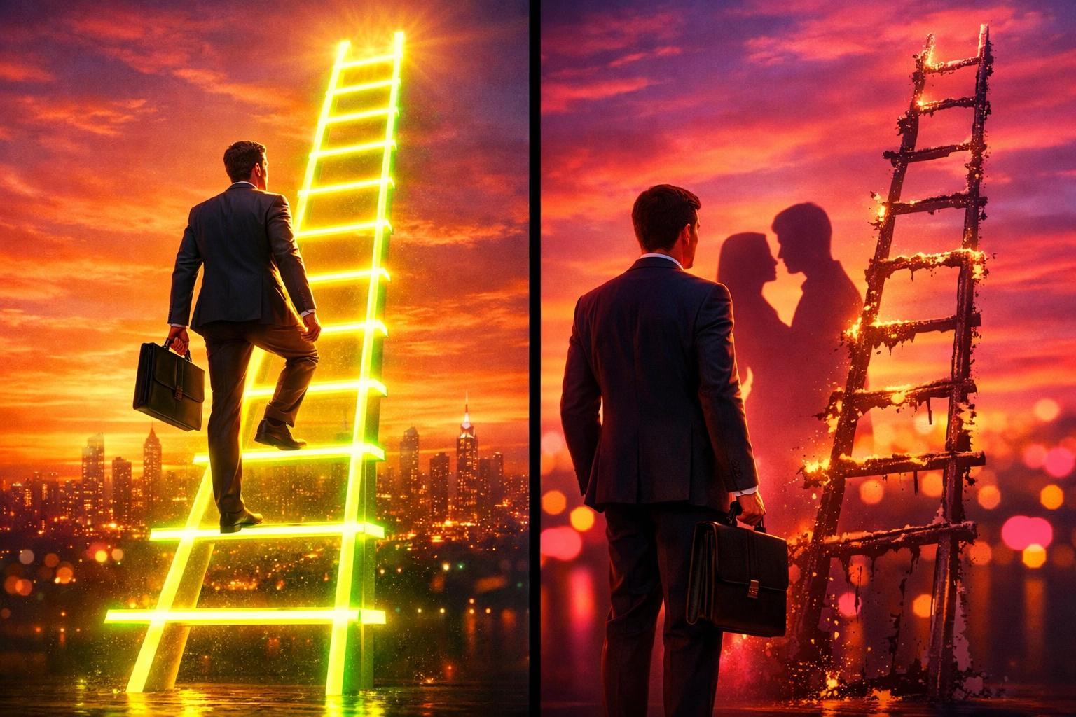 Career ladder vs workplace romance showing the professional risks of office relationships