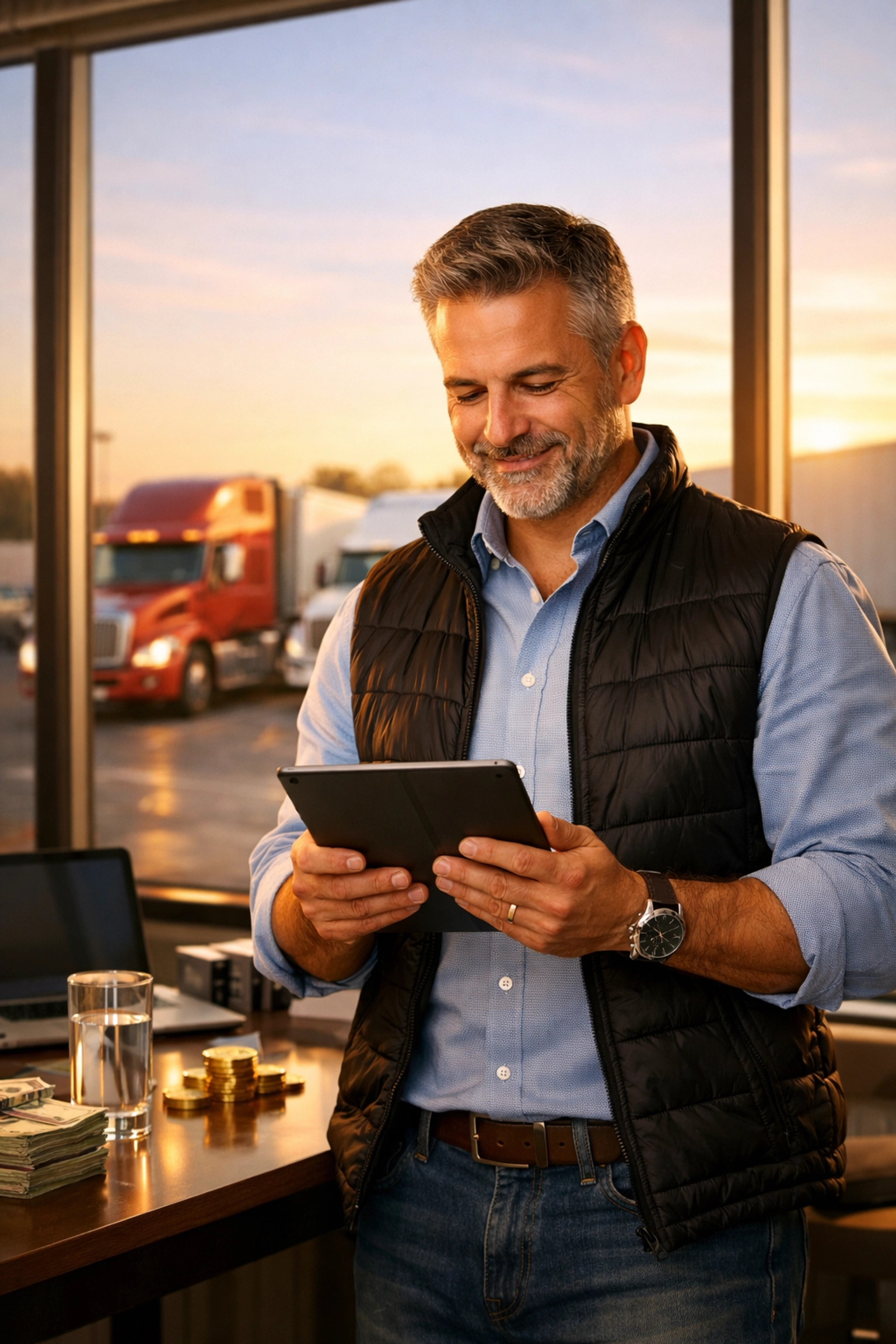 A trucking company owner in a bright office reviewing business funding and equipment financing options.