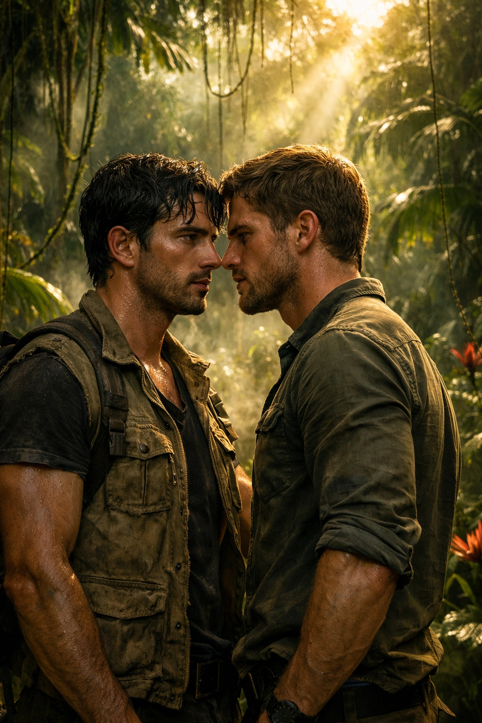 Two men share intense romantic moment in lush Amazon rainforest clearing