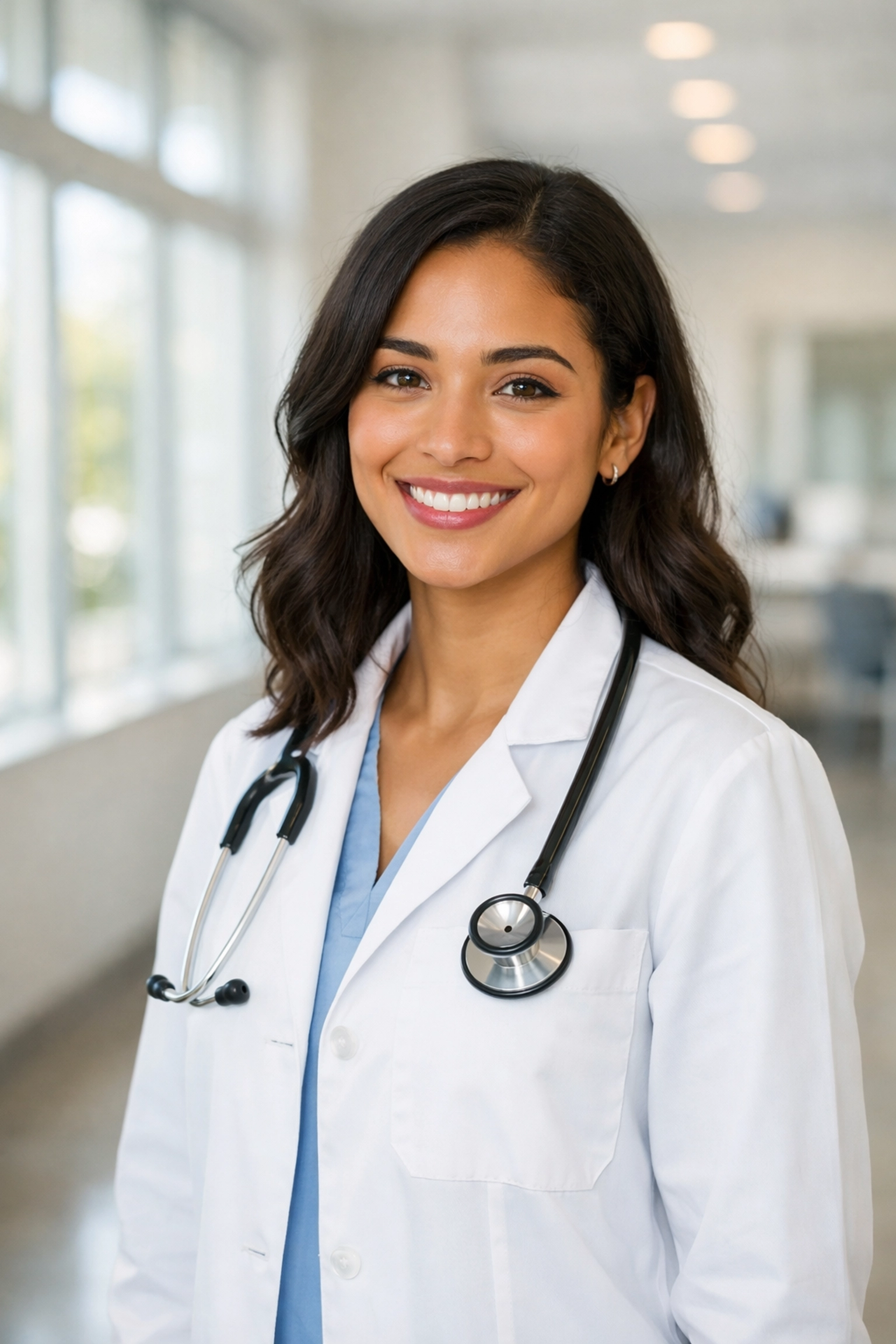 A smiling primary care physician in a clinic, representing HHS J-1 clinical care waiver eligibility.