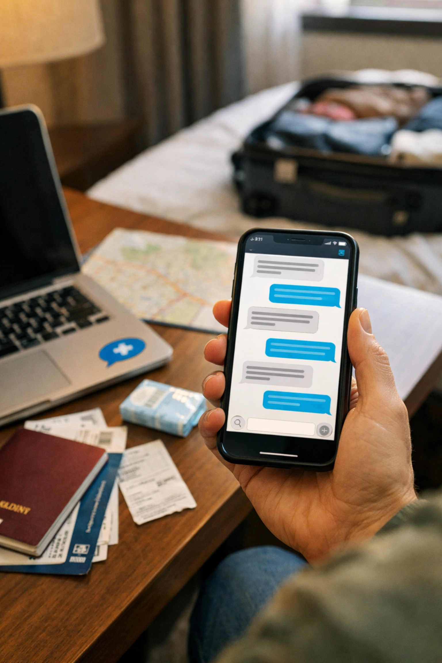 A traveler in a hotel room texting a US doctor through a telehealth app to get a prescription without insurance.